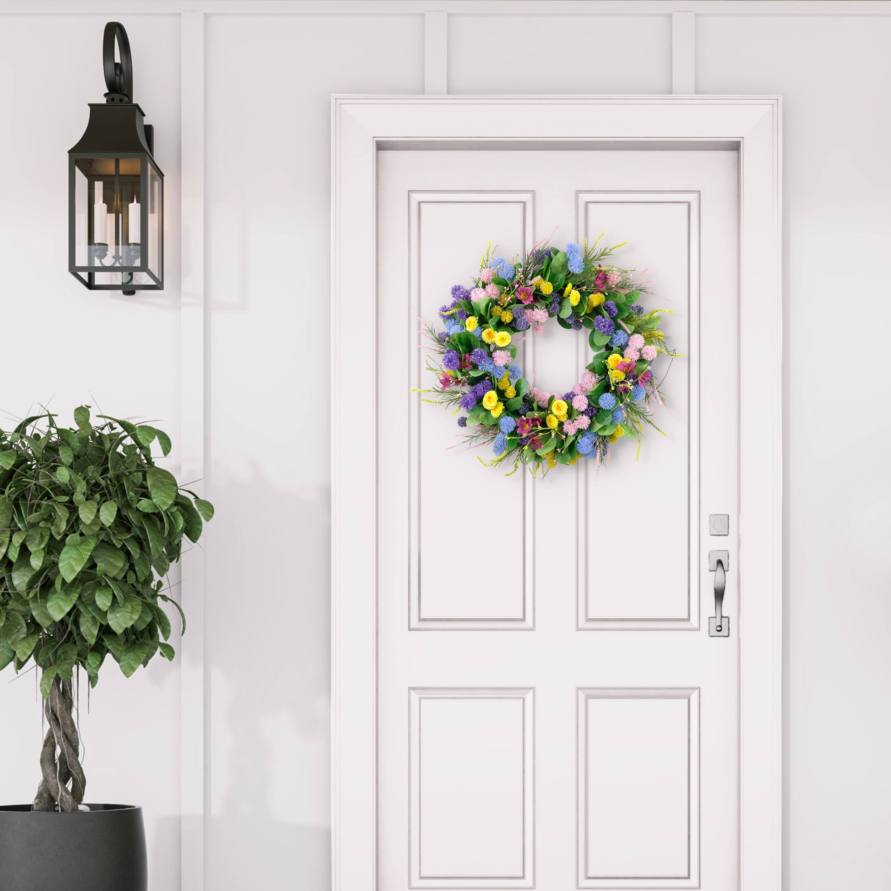 24" Pink, Blue & Yellow Spring Echinops & Chrysanthemum Floral Wreath