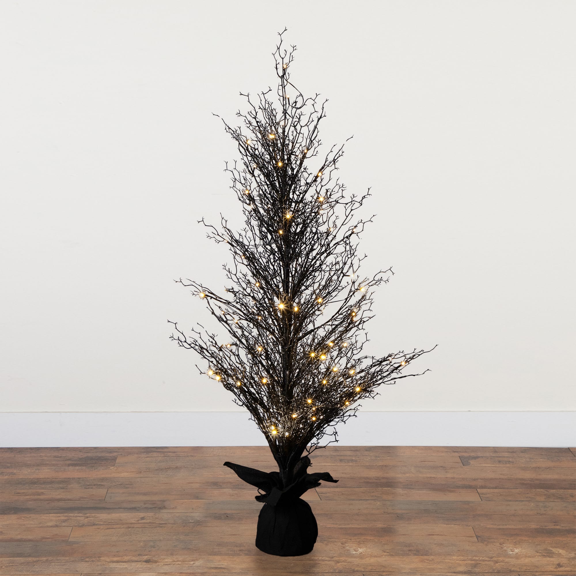 5ft. Pre-Lit LED Halloween Black Twig Artificial Fall Tree in Burlap Planter