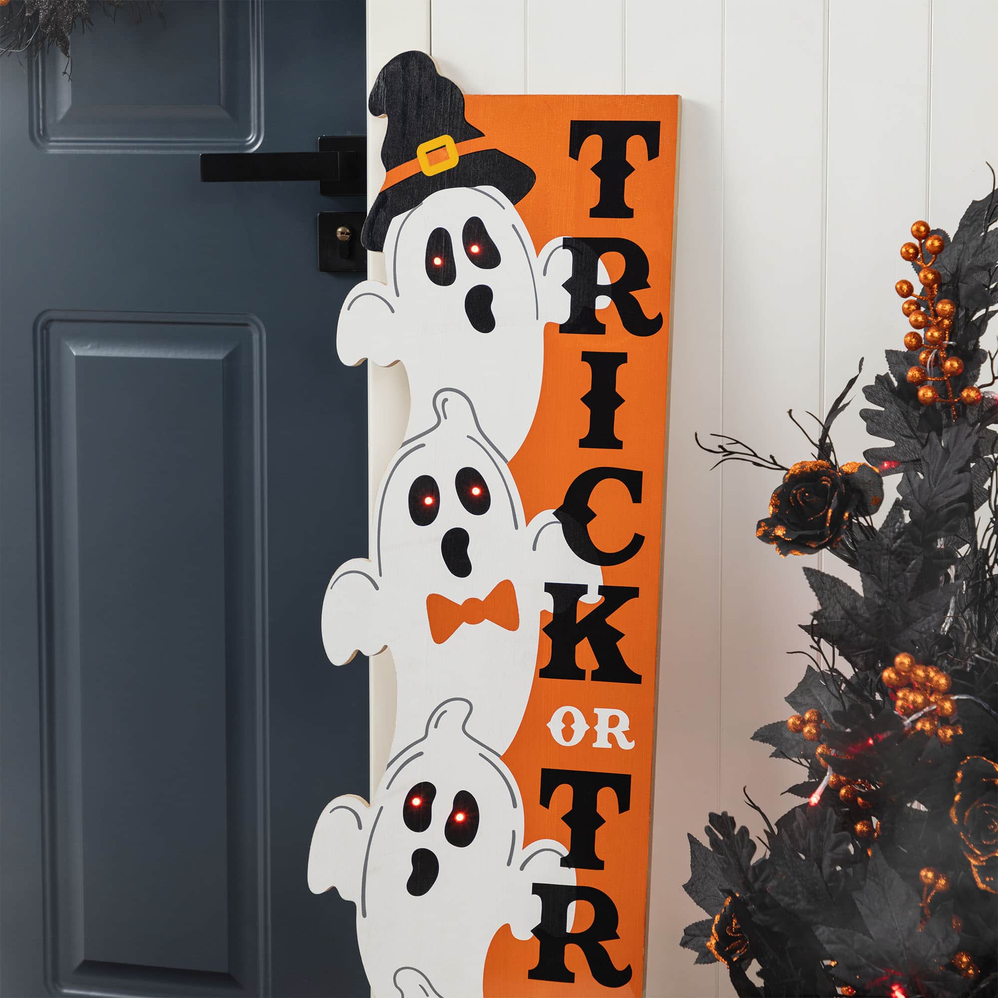 Glitzhome&#xAE; 42&#x22;H Lighted Halloween Wooden Stacked Ghost Porch Sign with Timer