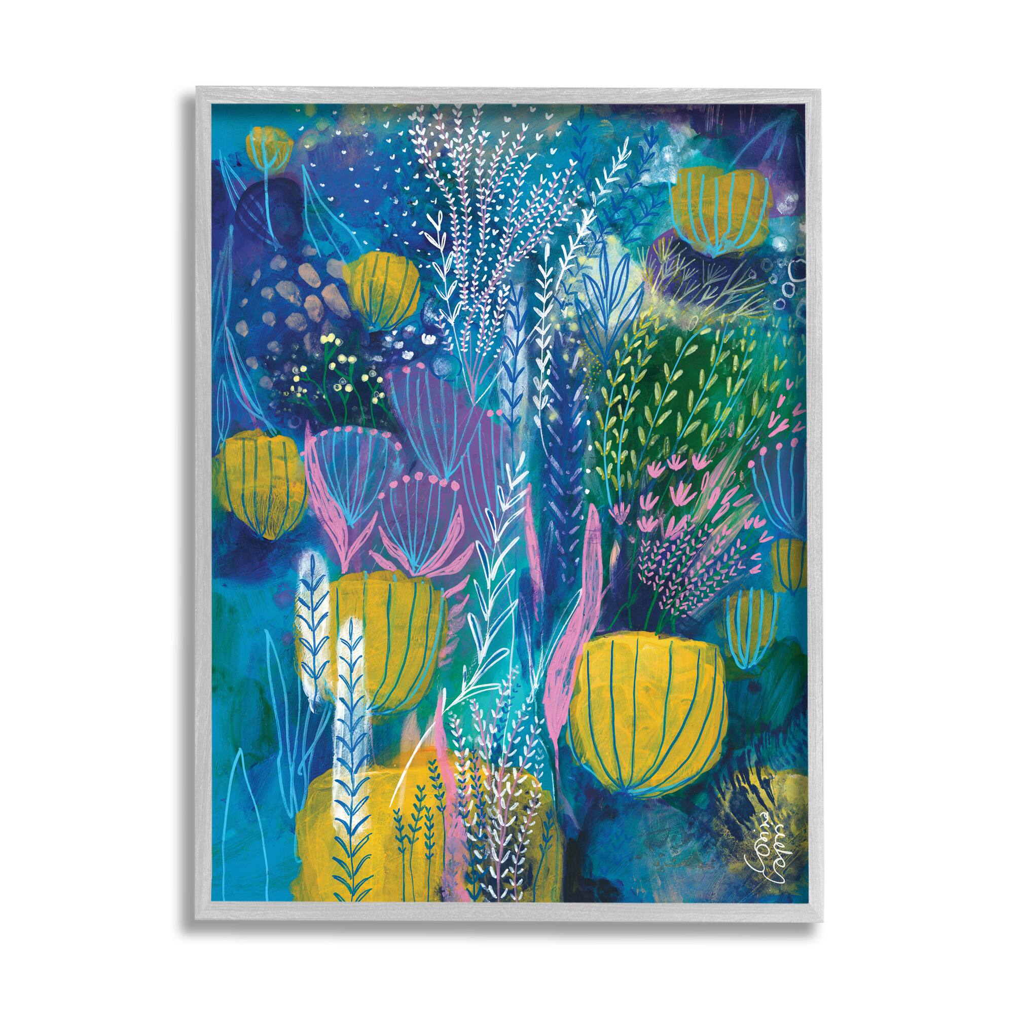 Stupell Industries Field of Abstract Florals Blue Green Yellow in Gray Frame Wall Art