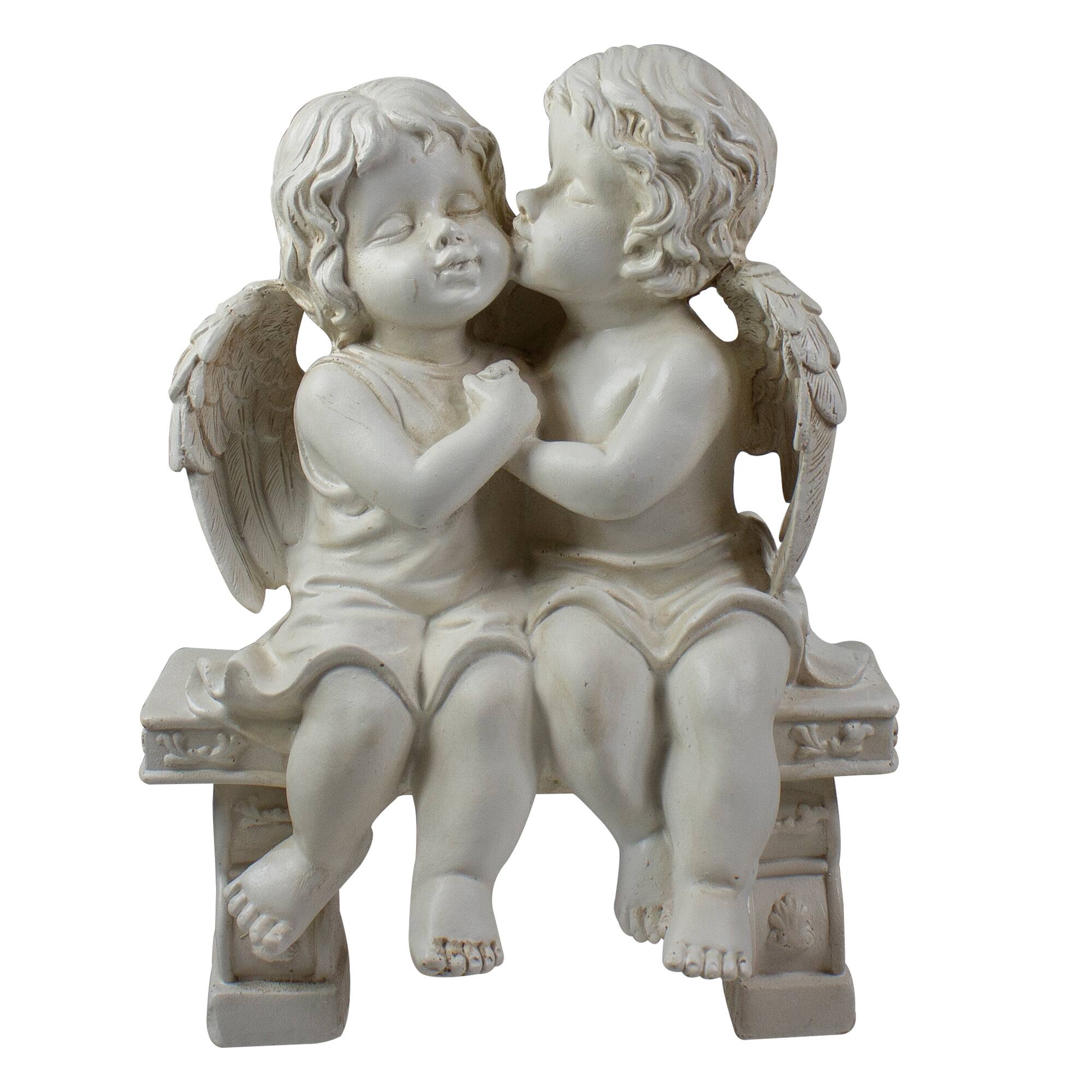 9.75&#x22; Kissing Cherubs Sitting on Bench Outdoor Garden Statue