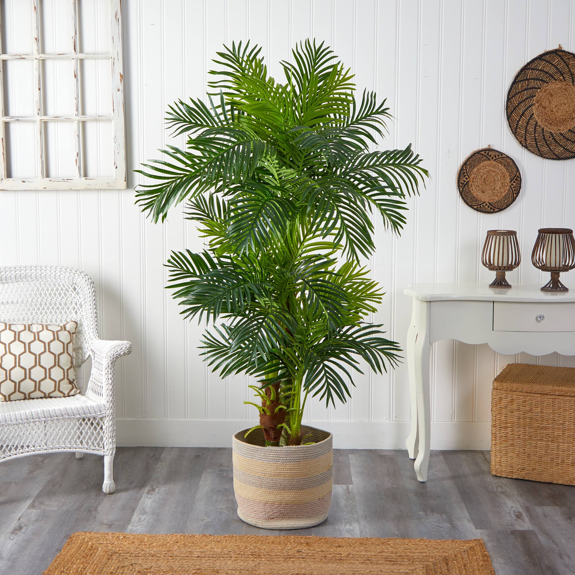 6ft. Hawaii Artificial Palm Tree in Handmade Natural Cotton Multicolored Woven Planter