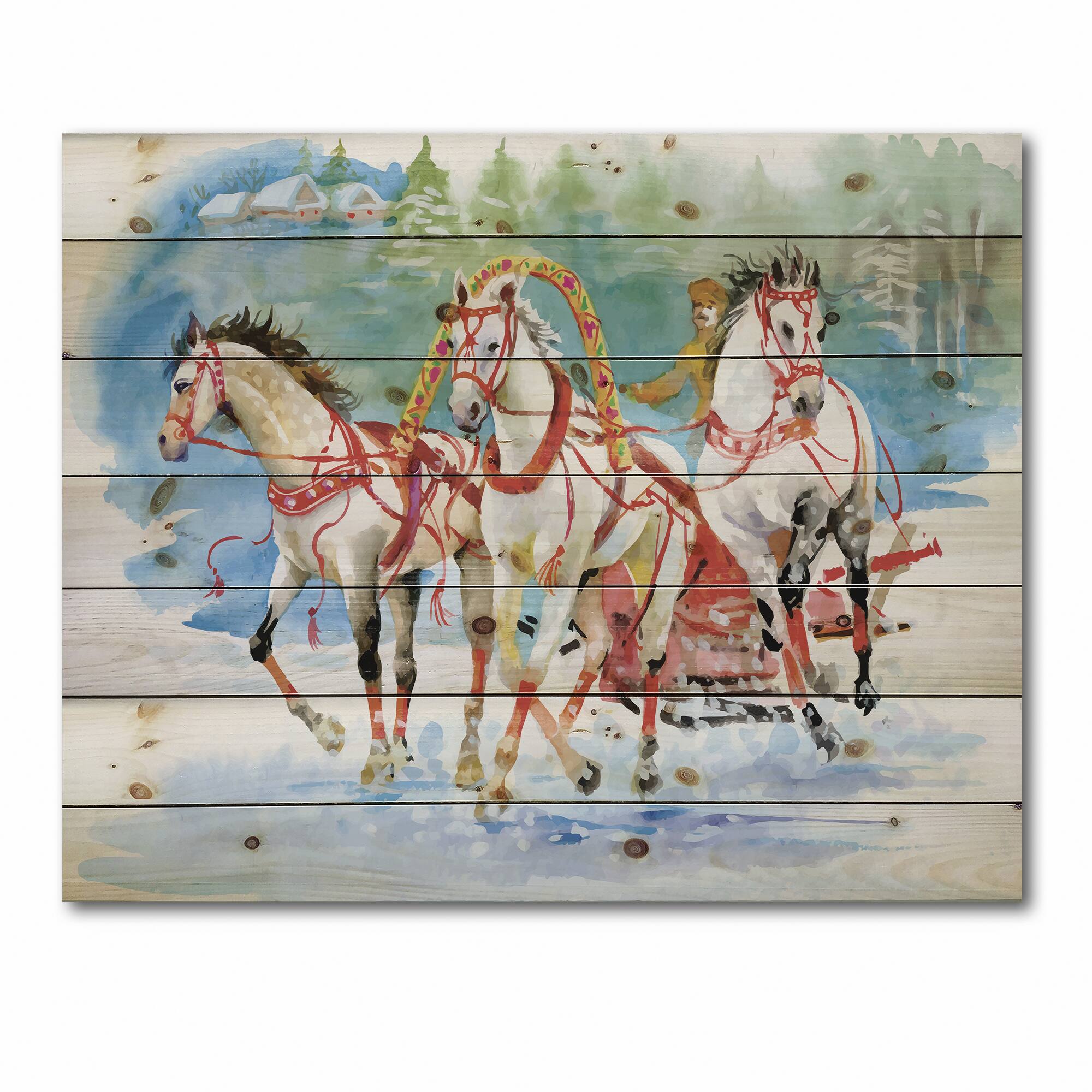 Designart - Galoping Horses With Carriage In The Snow - Farmhouse Print on Natural Pine Wood