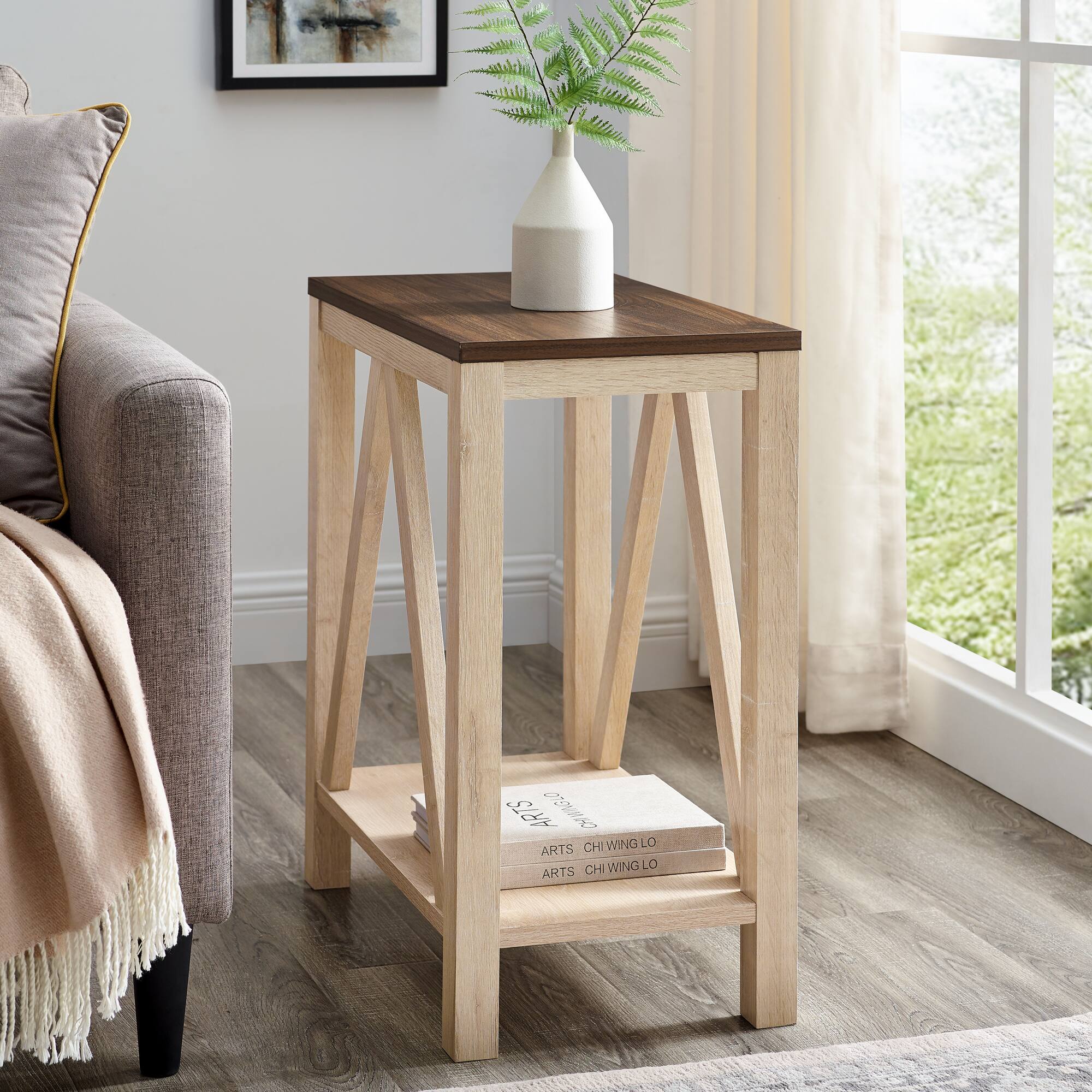 Walker Edison Dark Walnut & White Oak Narrow A-Frame Side Table