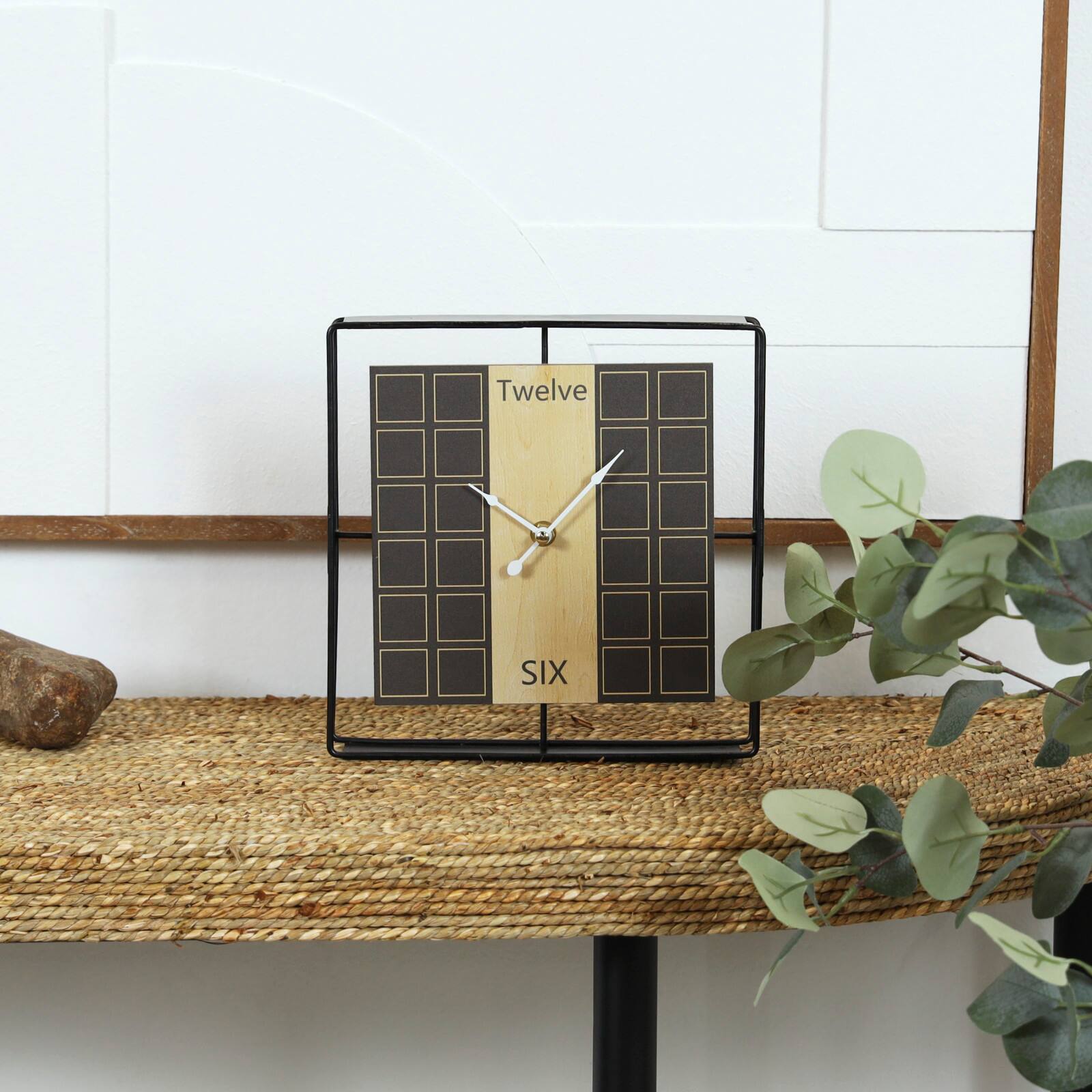 9&#x22; Black Geometric Open Frame Square Clock with Grid Pattern