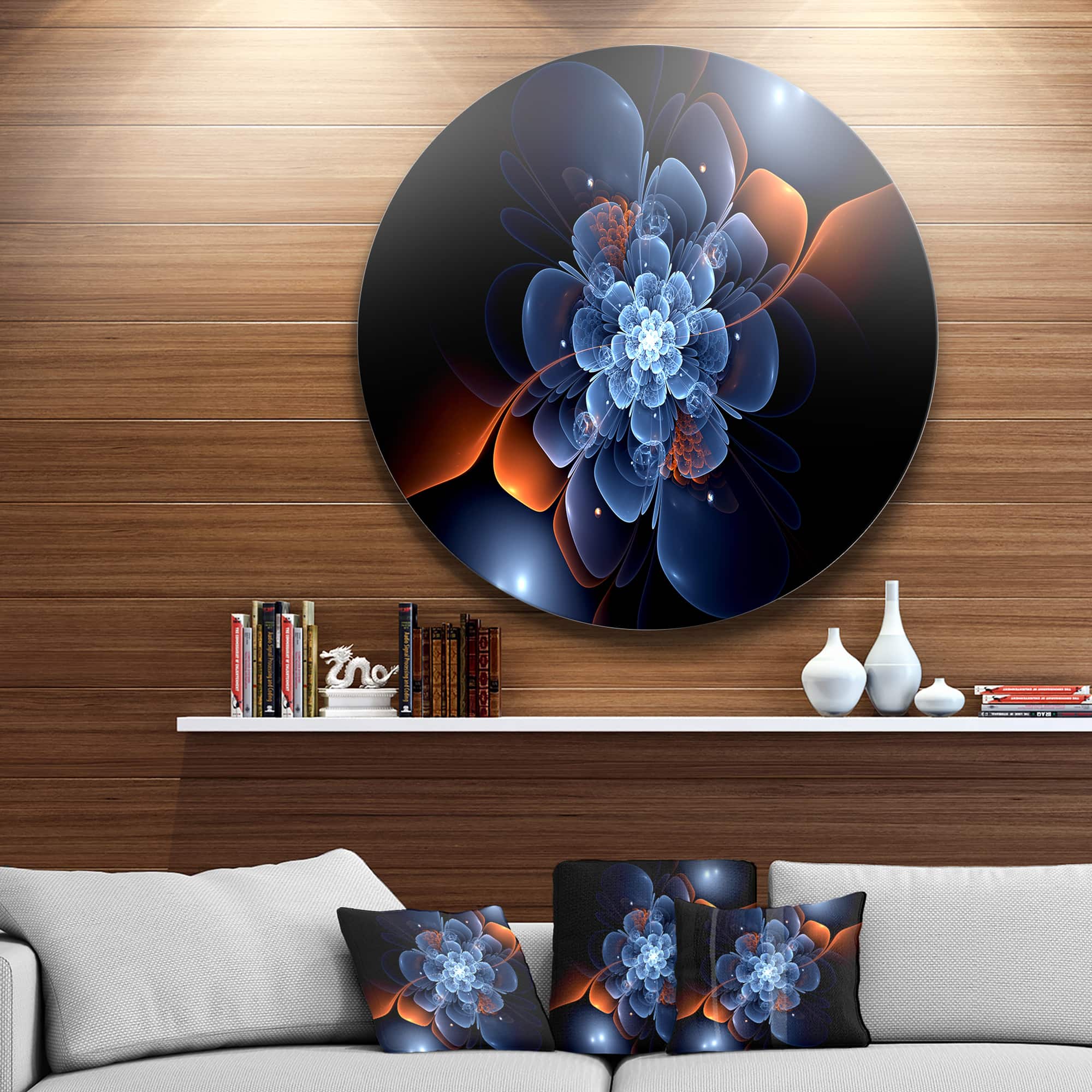 Designart - Fractal Flower with Orange Flame' Disc Floral Metal Circle Wall Art