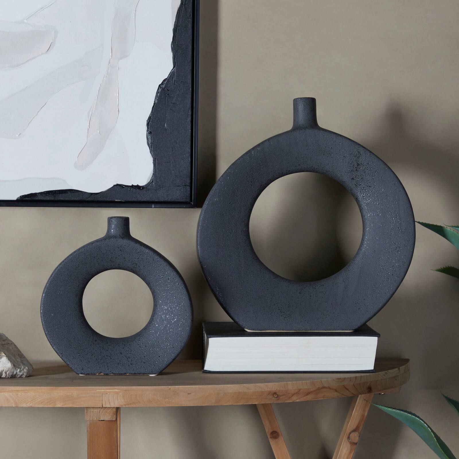 CosmoLiving by Cosmopolitan Black Ceramic Round Donut Shaped Vase Set of 2 15&#x22;, 10&#x22;