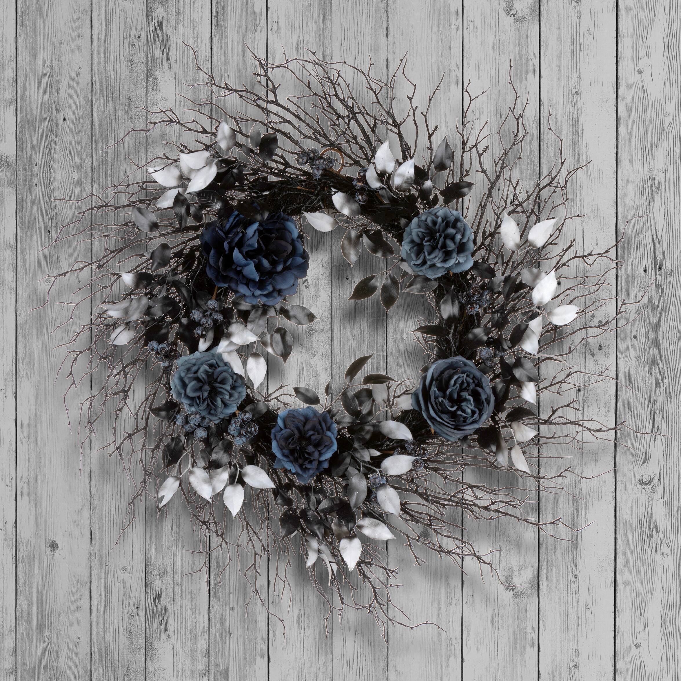 24&#x22; Halloween Moody Blue Rose &#x26; Twig Wreath