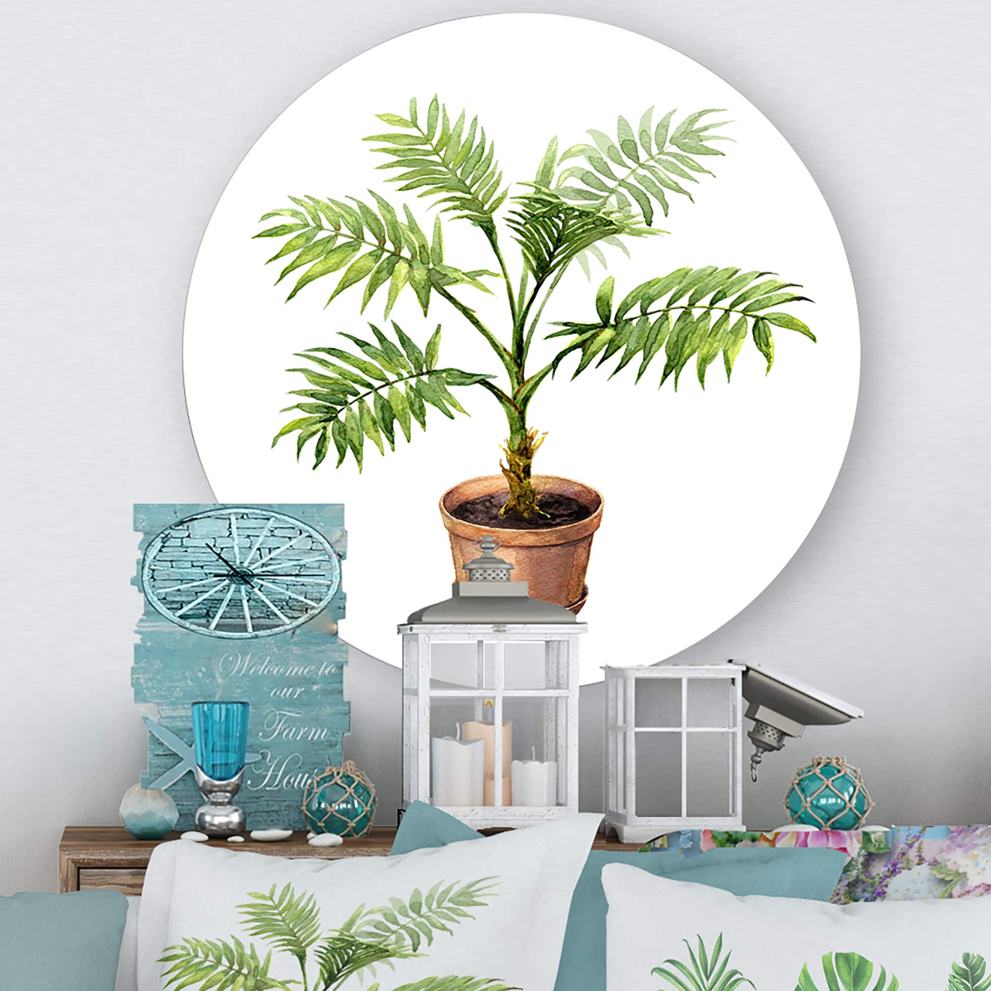 Designart - Palm In Clay Flowerpot - Traditional Metal Circle Wall Art
