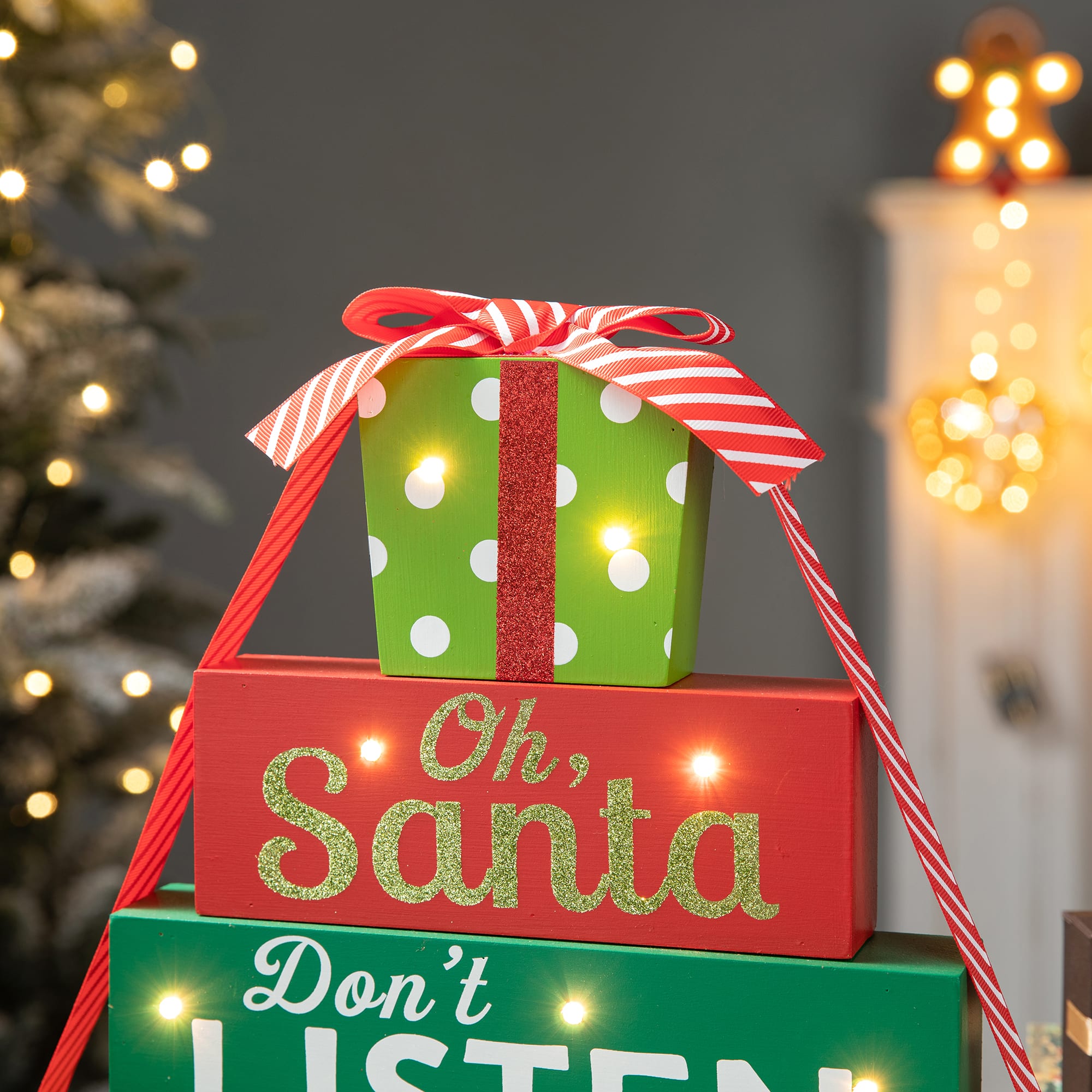Glitzhome&#xAE; 12&#x22; Lighted Wooden Christmas Gift Block Table D&#xE9;cor