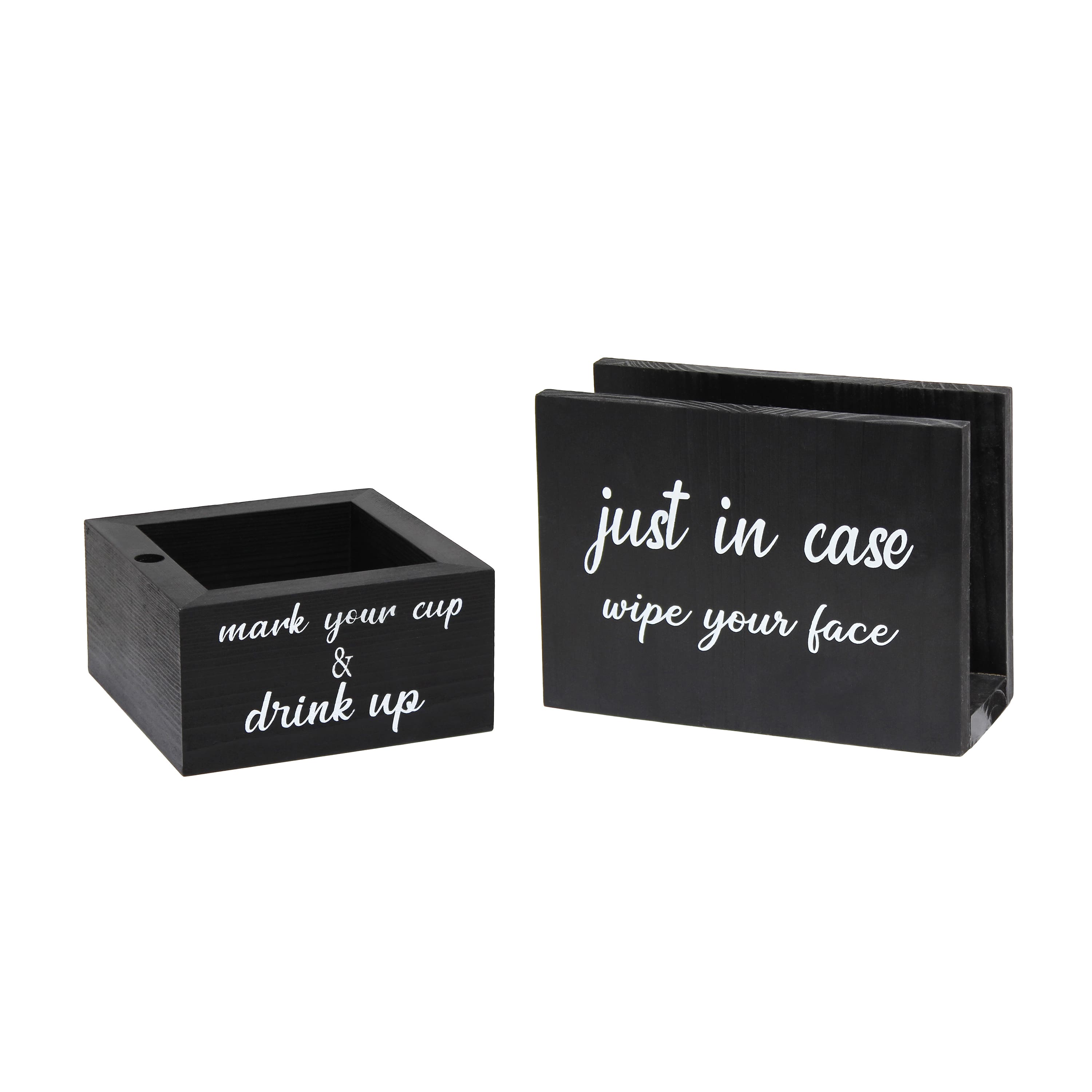 Elegant Designs™ Napkin Holder and Cup Holder Set with Black with White Script