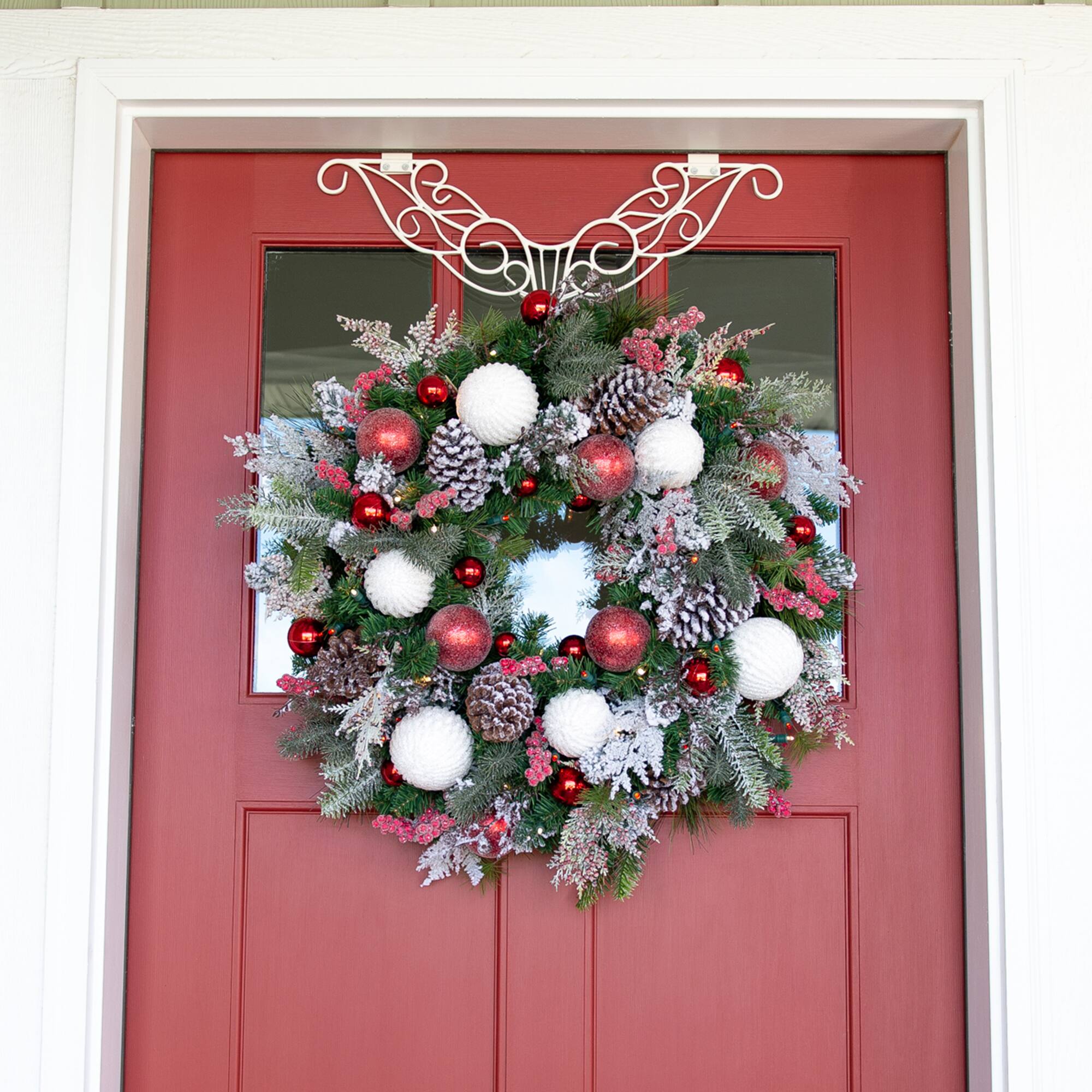 Village Lighting 30" Pre-Lit Frosted Wonderland Christmas Wreath, Red & Clear LED Lights