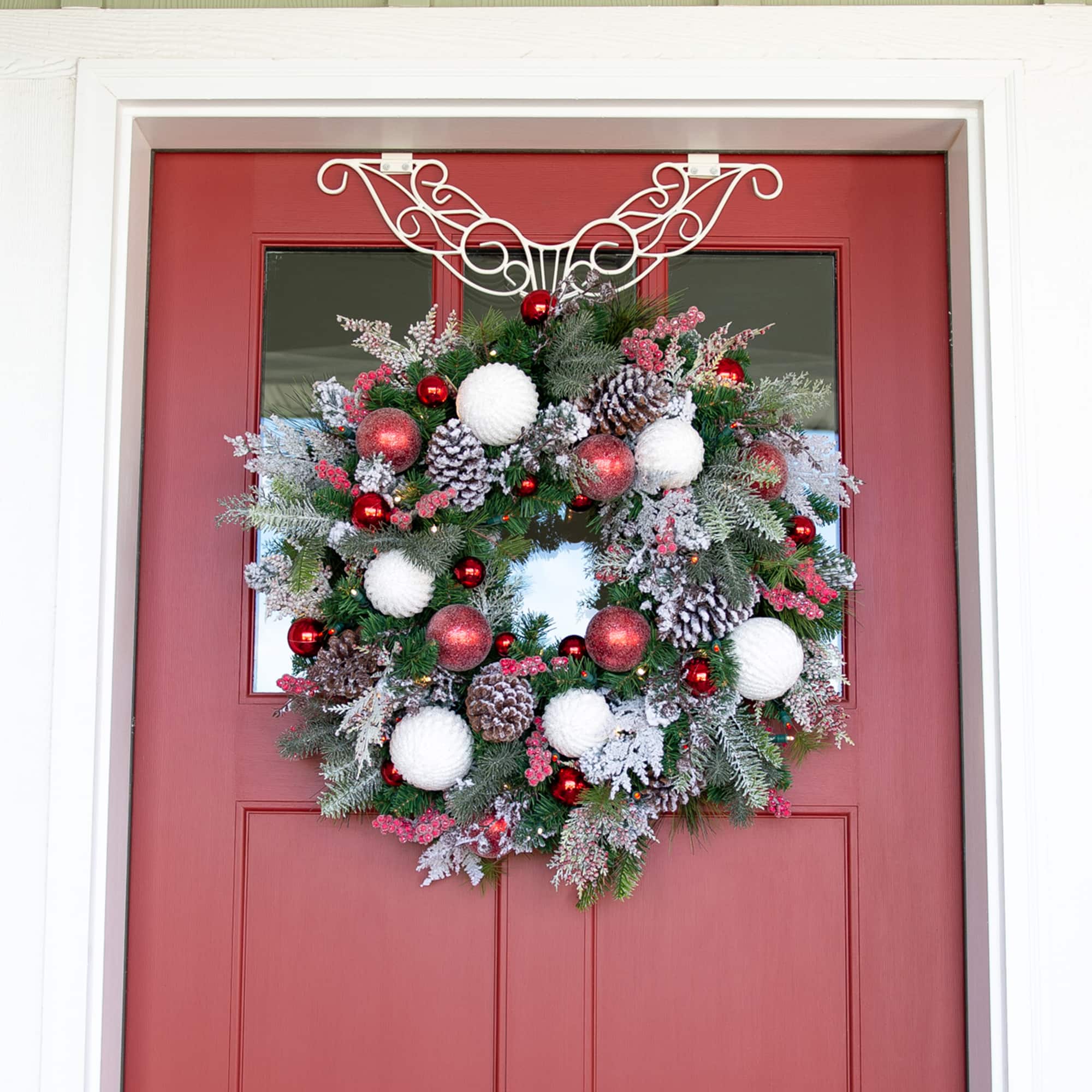 Village Lighting 30&#x22; Pre-Lit Frosted Wonderland Christmas Wreath, Red &#x26; Clear LED Lights