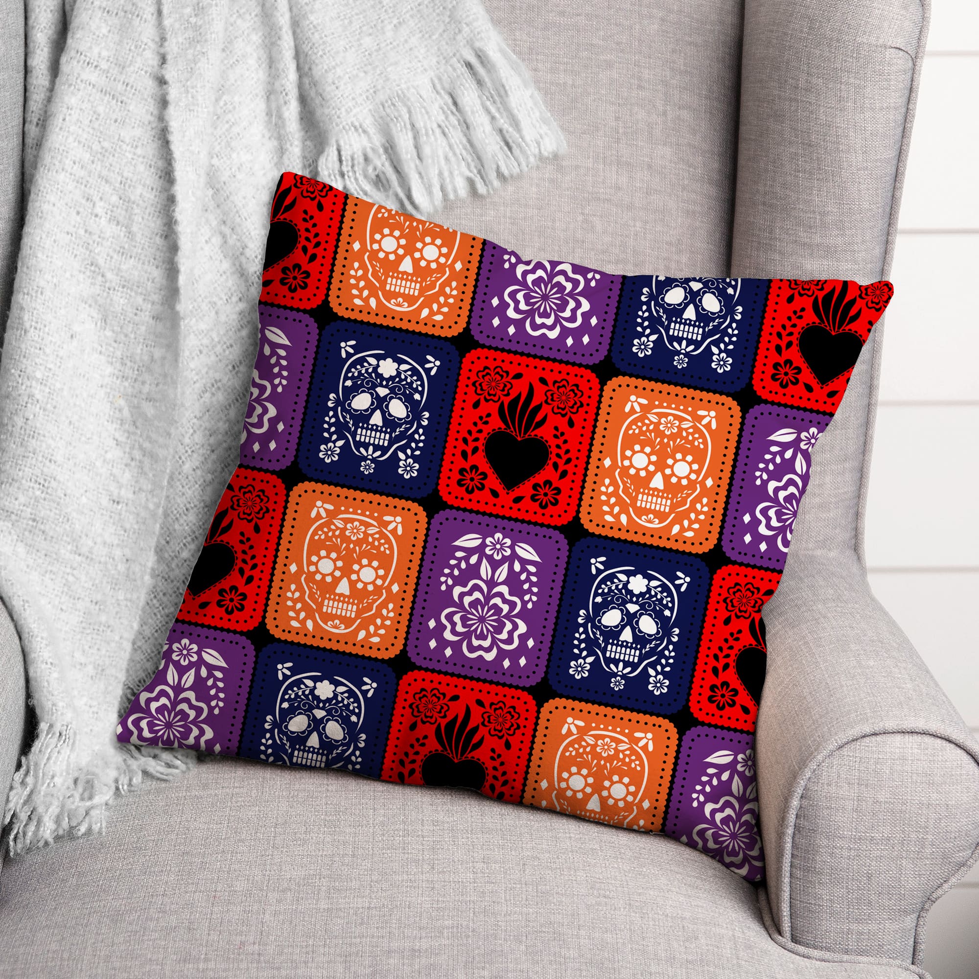 Dia De Los Muertos Flag Pattern 18" x 18" Spun Poly Pillow