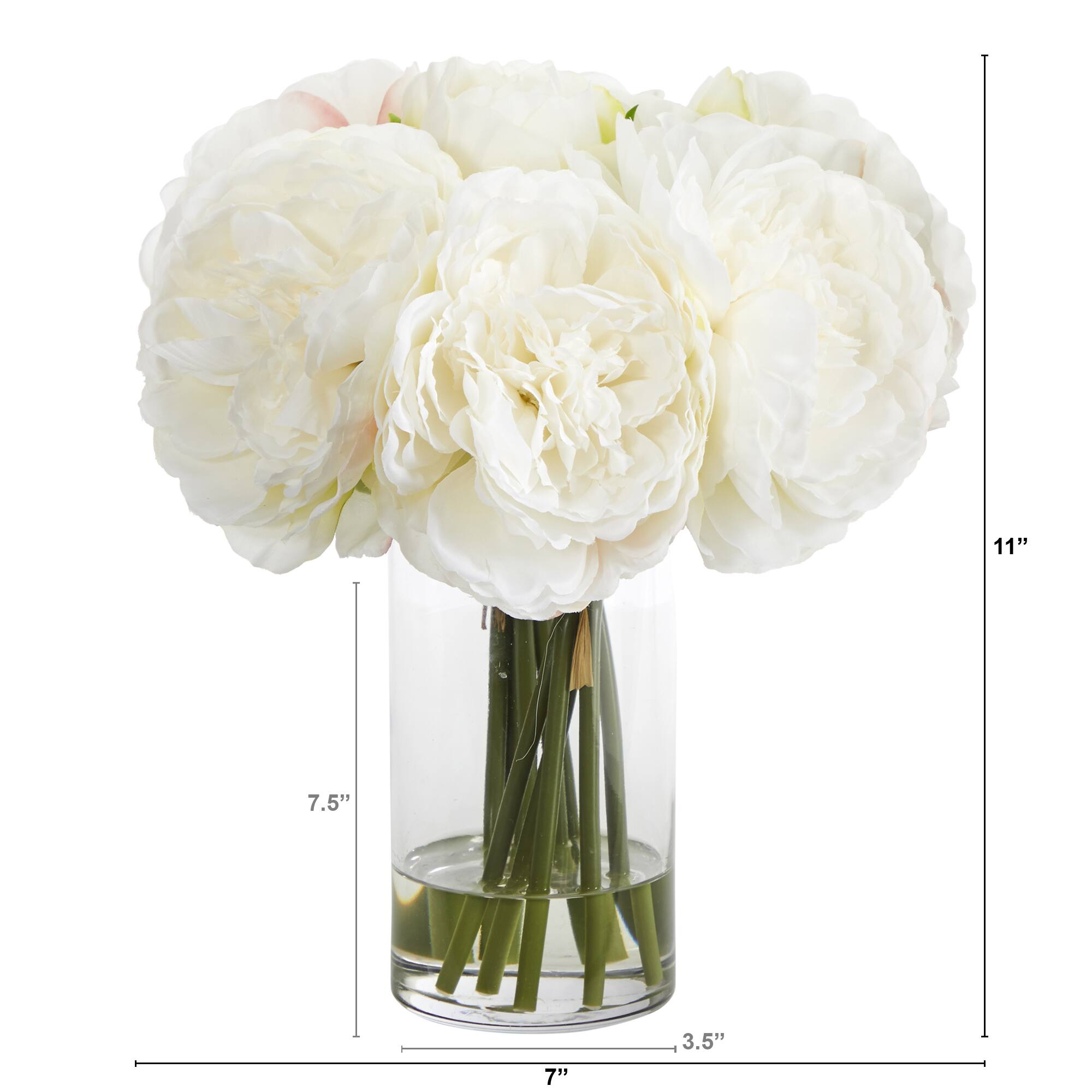 11" White Peony Bouquet in Glass Vase