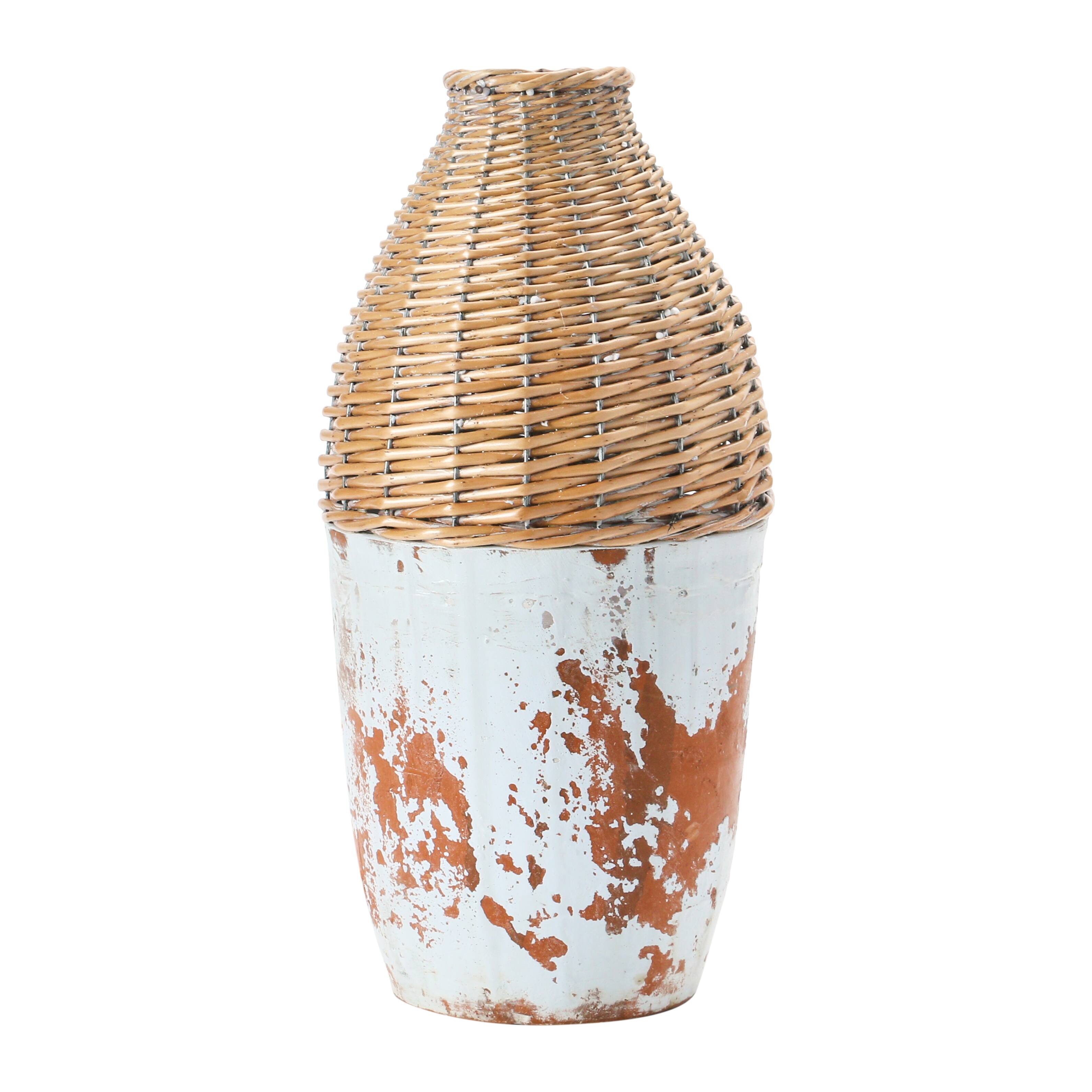 Hello Honey® 16.5" Distressed White Hand-Woven Rattan & Clay Vase