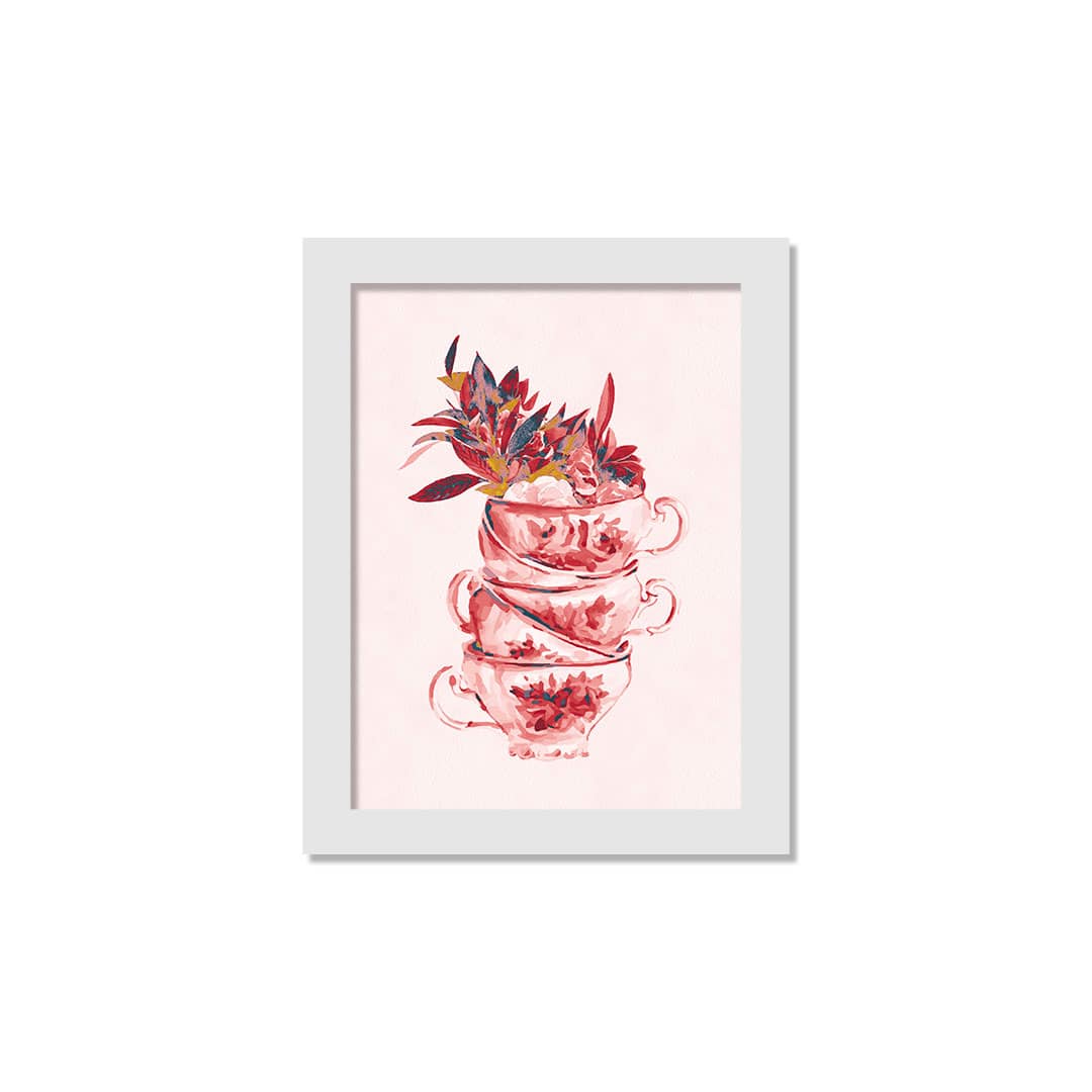 16" Floral Tea Cup Stack White Framed Print Under Plexiglass