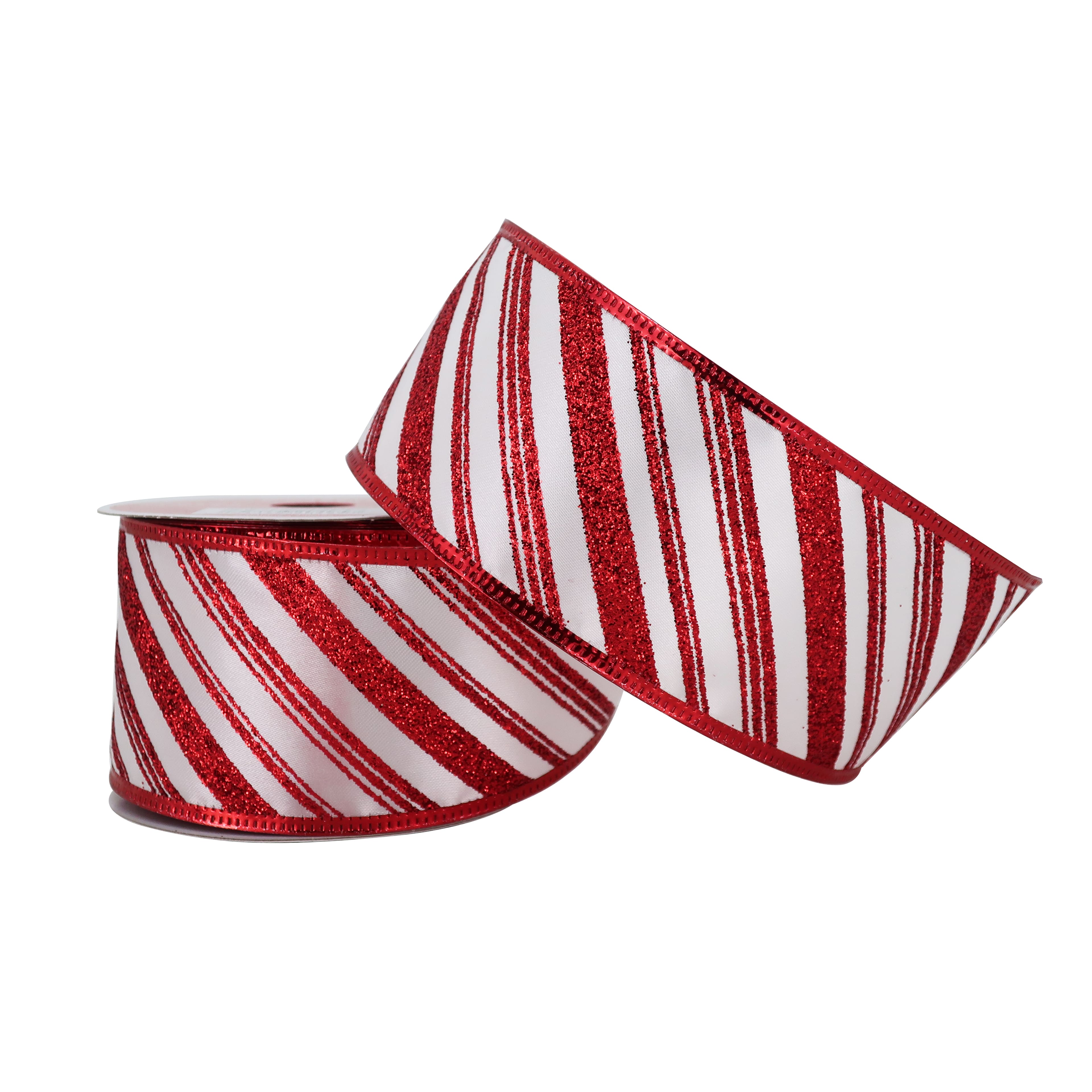 2.5&#x22; x 20ft. Red &#x26; White Double Striped Wired Taffeta Glitter Ribbon by Celebrate It&#xAE; Christmas