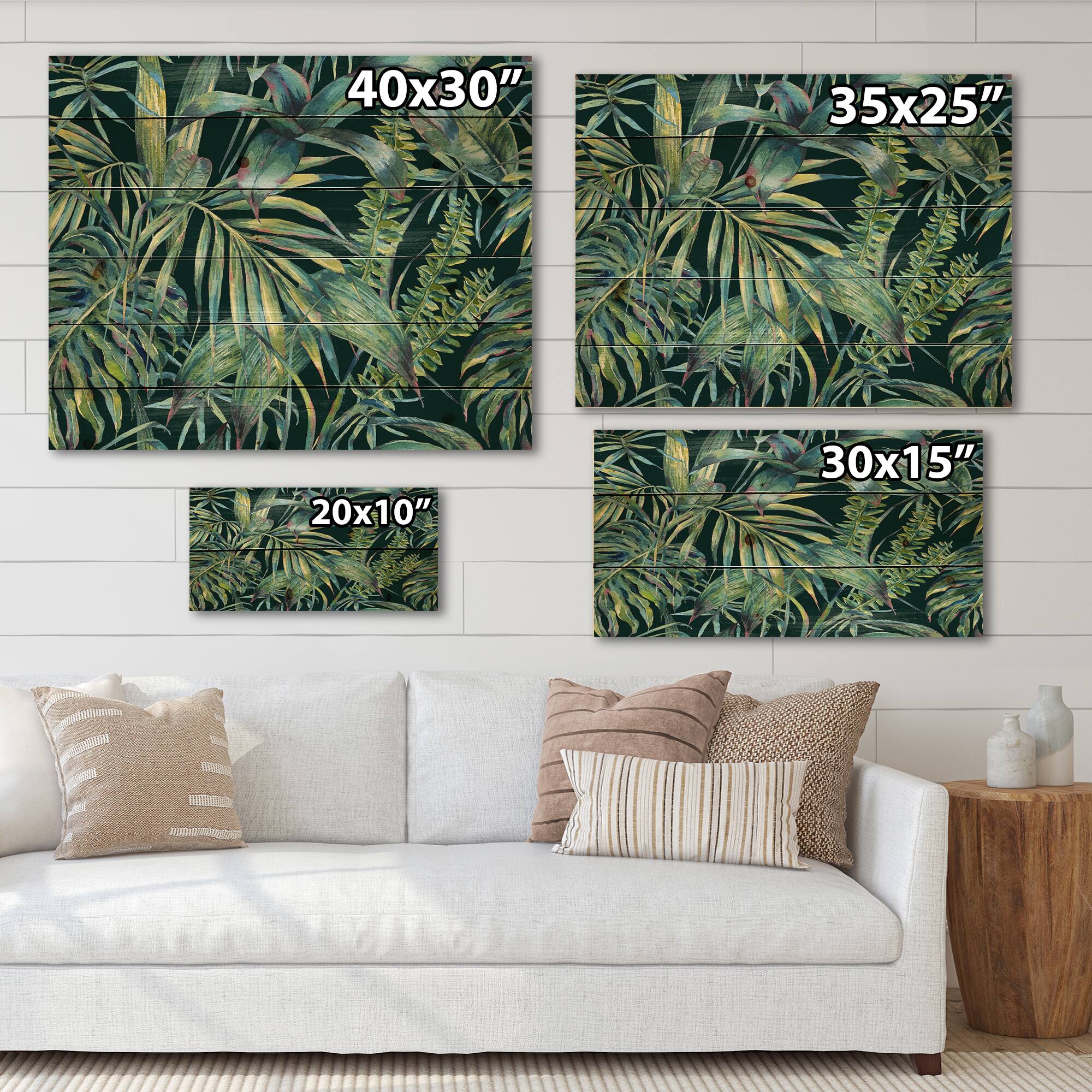 Designart - Natural Leaves Exotic On Dark I - Tropical Print on Natural Pine Wood