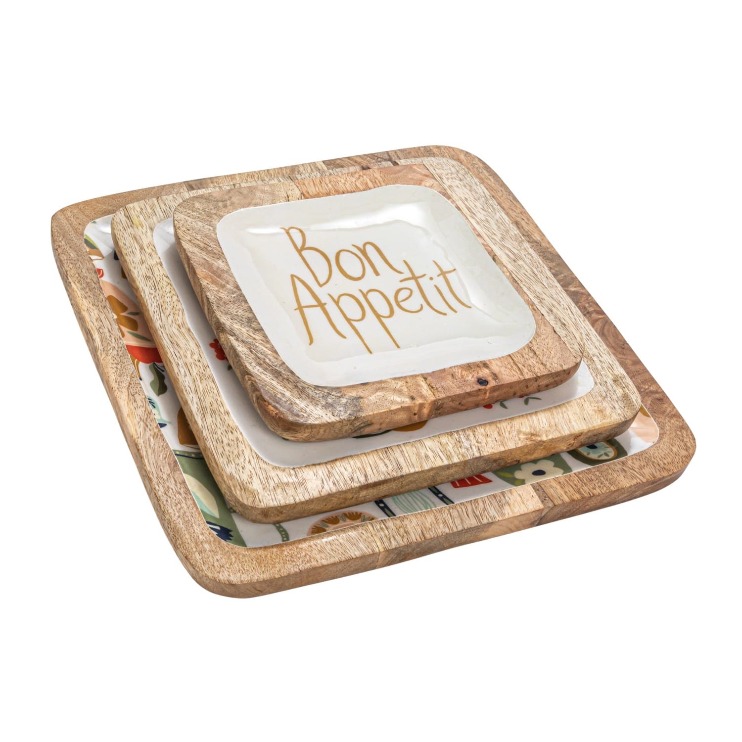 Hello Honey® Bon Apetit Enameled Mango Wood Tray Set