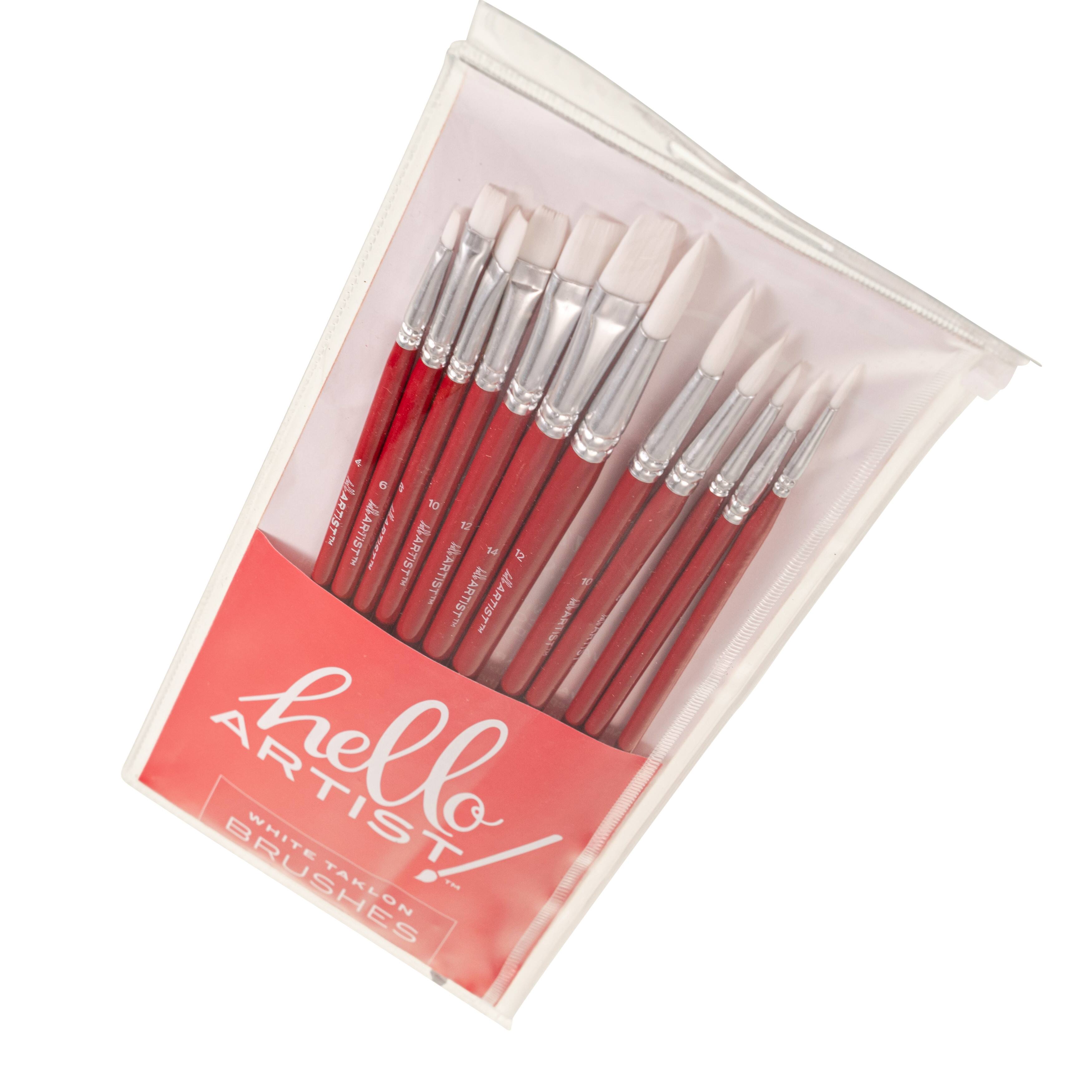 Hello, Artist! Long Handle White Taklon Flats & Rounds 12 Piece Brush Set