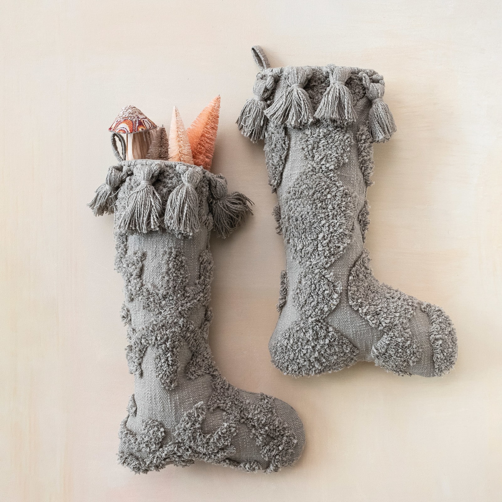 Hello Honey&#xAE; 20&#x22; Gray Cotton Slub Stocking with Tufting &#x26; Tassels, 2ct.