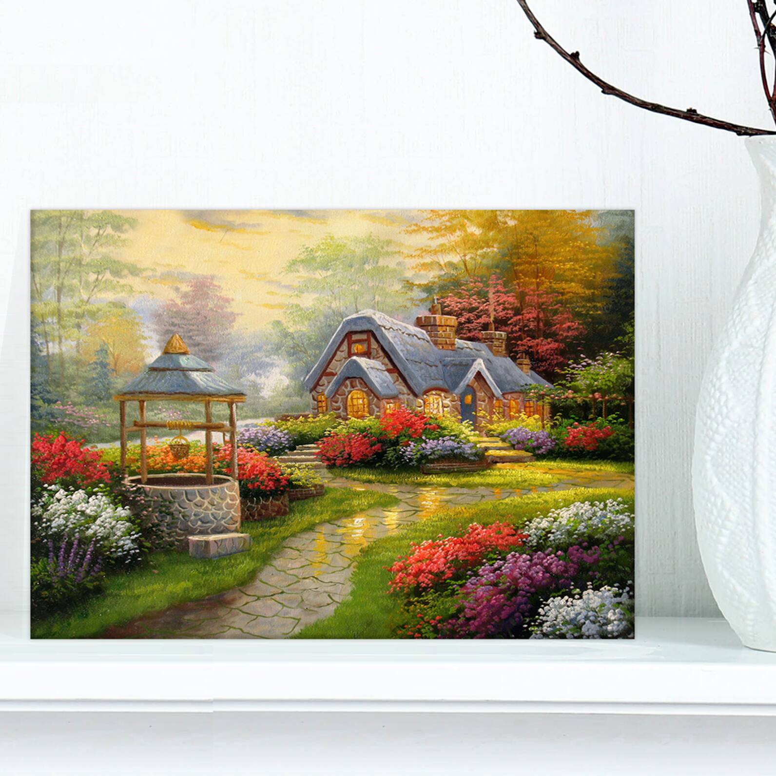 Designart - Sunset Stone Country Cottage - Floral Painting Print on Wrapped Canvas