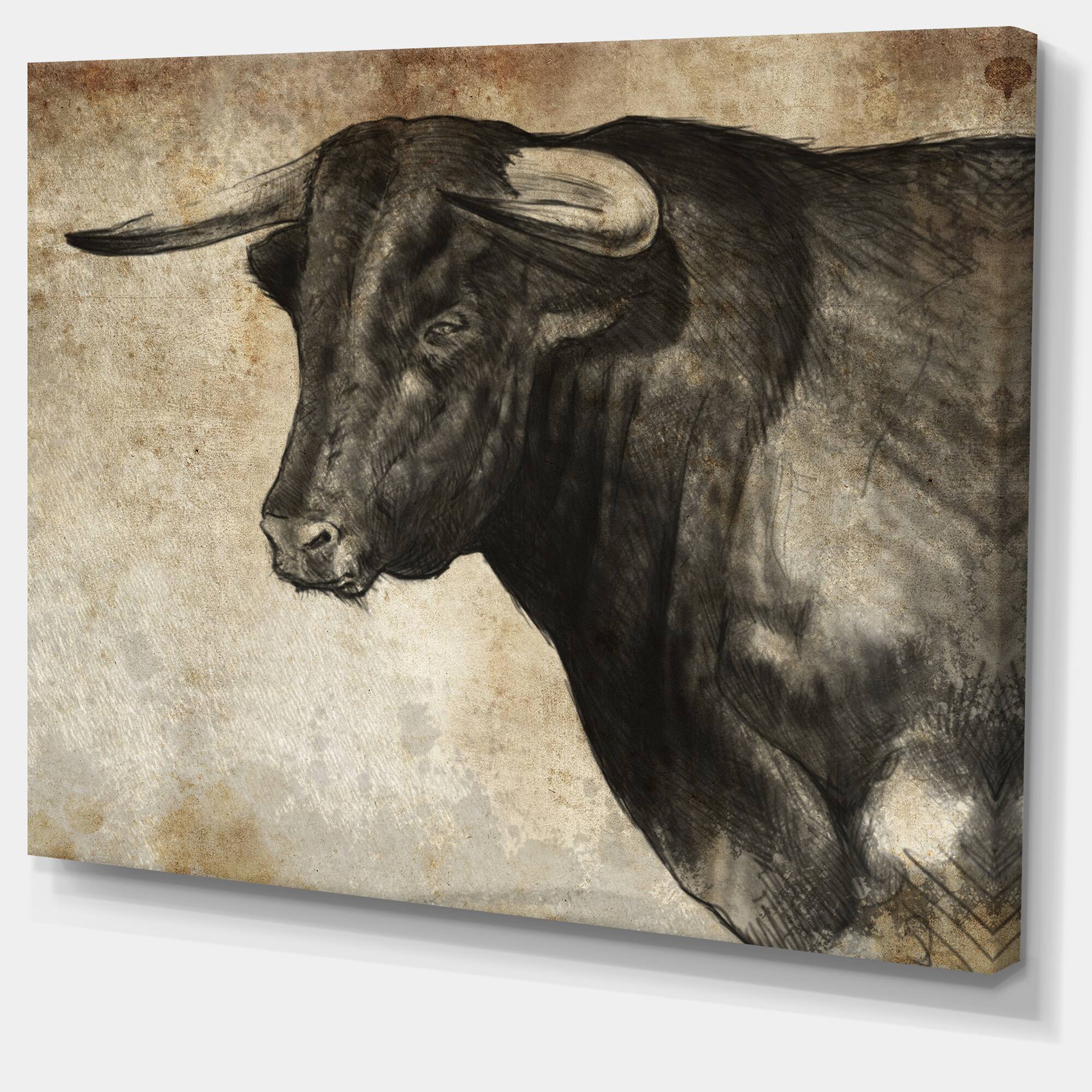 Designart - Spanish Bull Sketch - Animal Art On Canvas