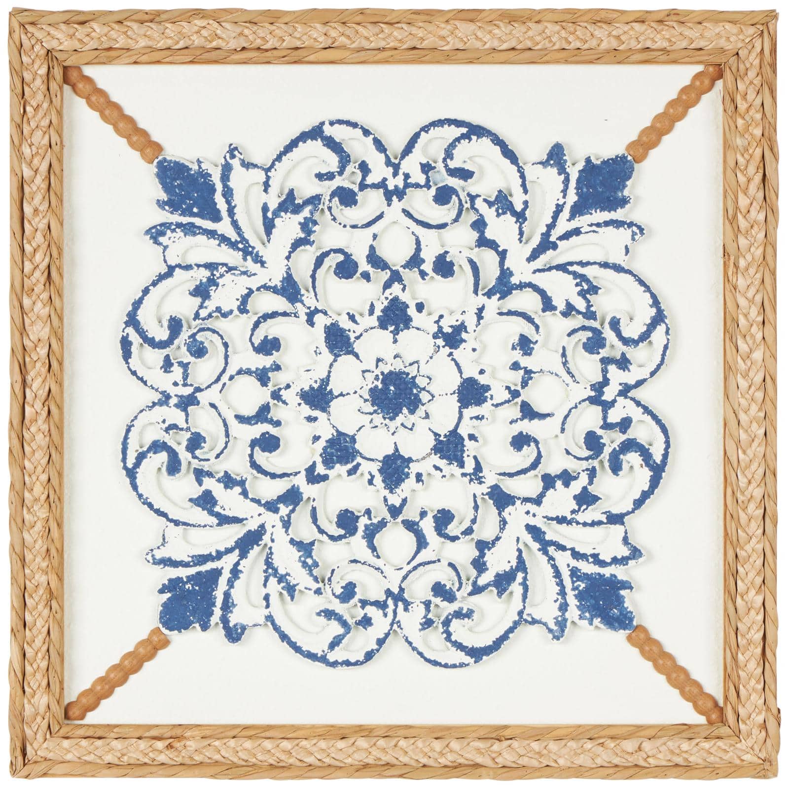 20" x 20" Blue Wood Floral Relief Wall Décor with Brown Woven Seagrass Frame 