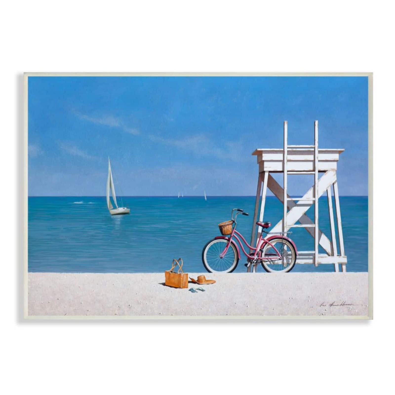 Stupell Industries Pink Bicycle at Lifeguard Stand Beach Wood Wall Plaque
