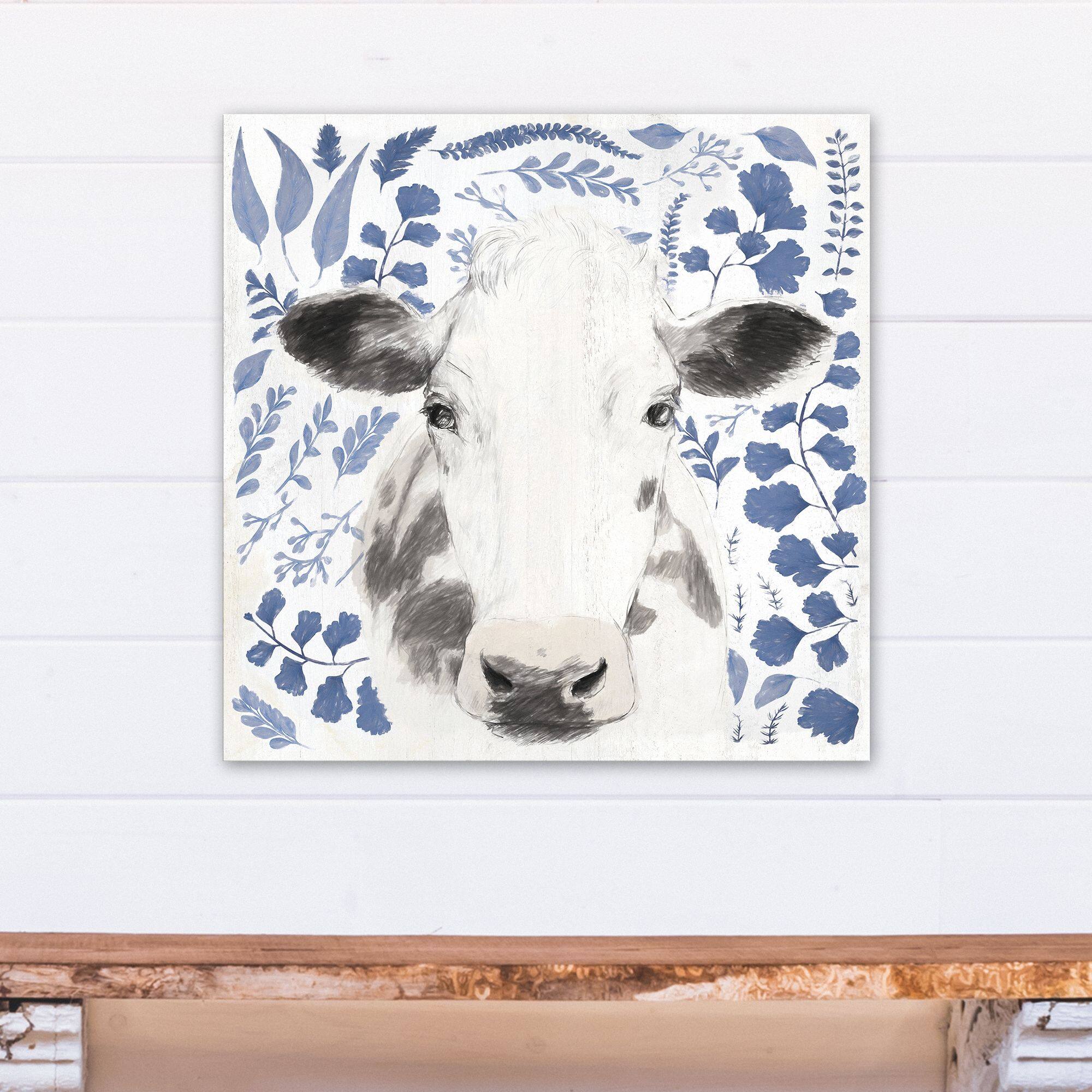 Navy Botanical Cow 24" x 24" Canvas Wall Art