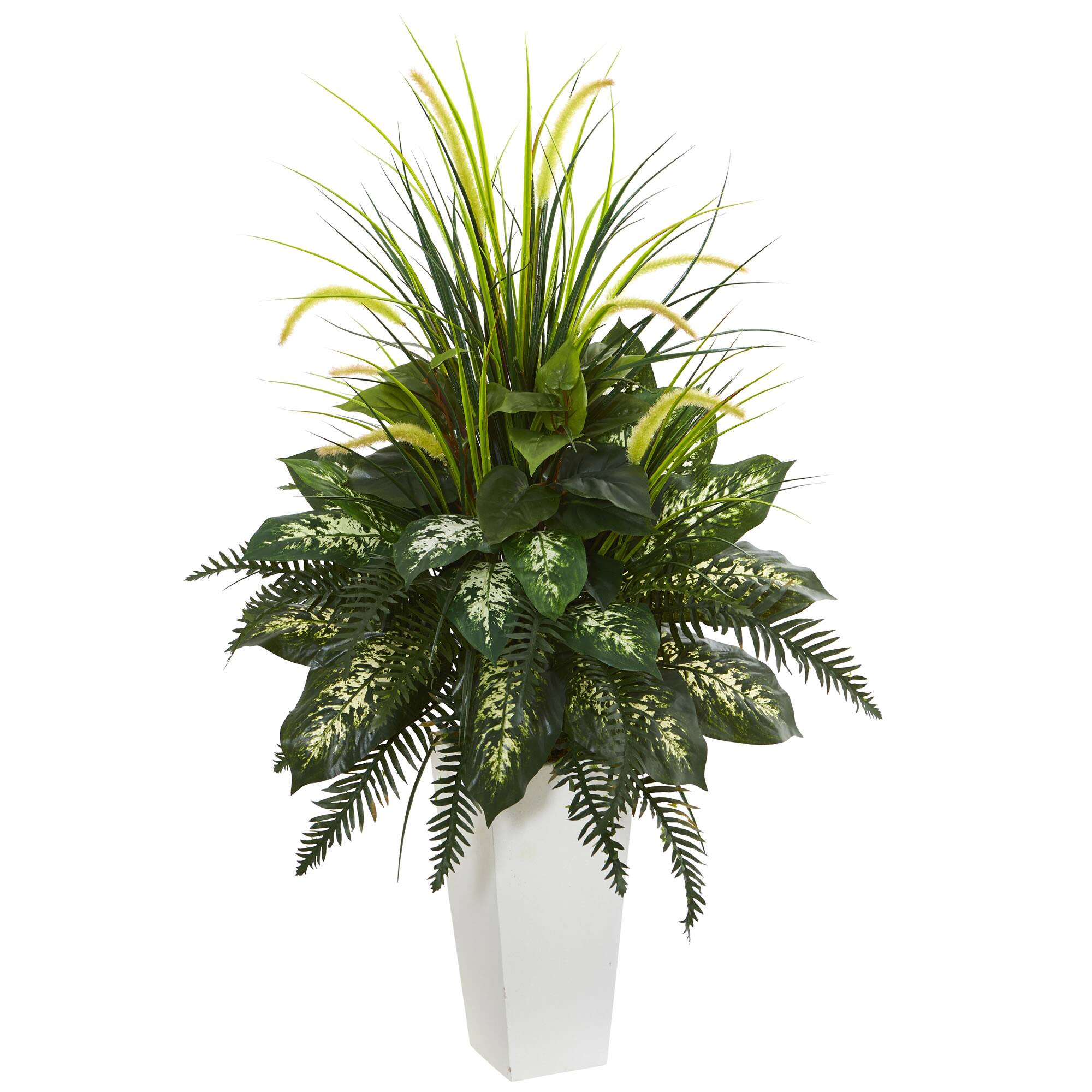 4Ft Mixed River Fern & Dogtail In White Tower Planter By Nearly Natural | Michaels®