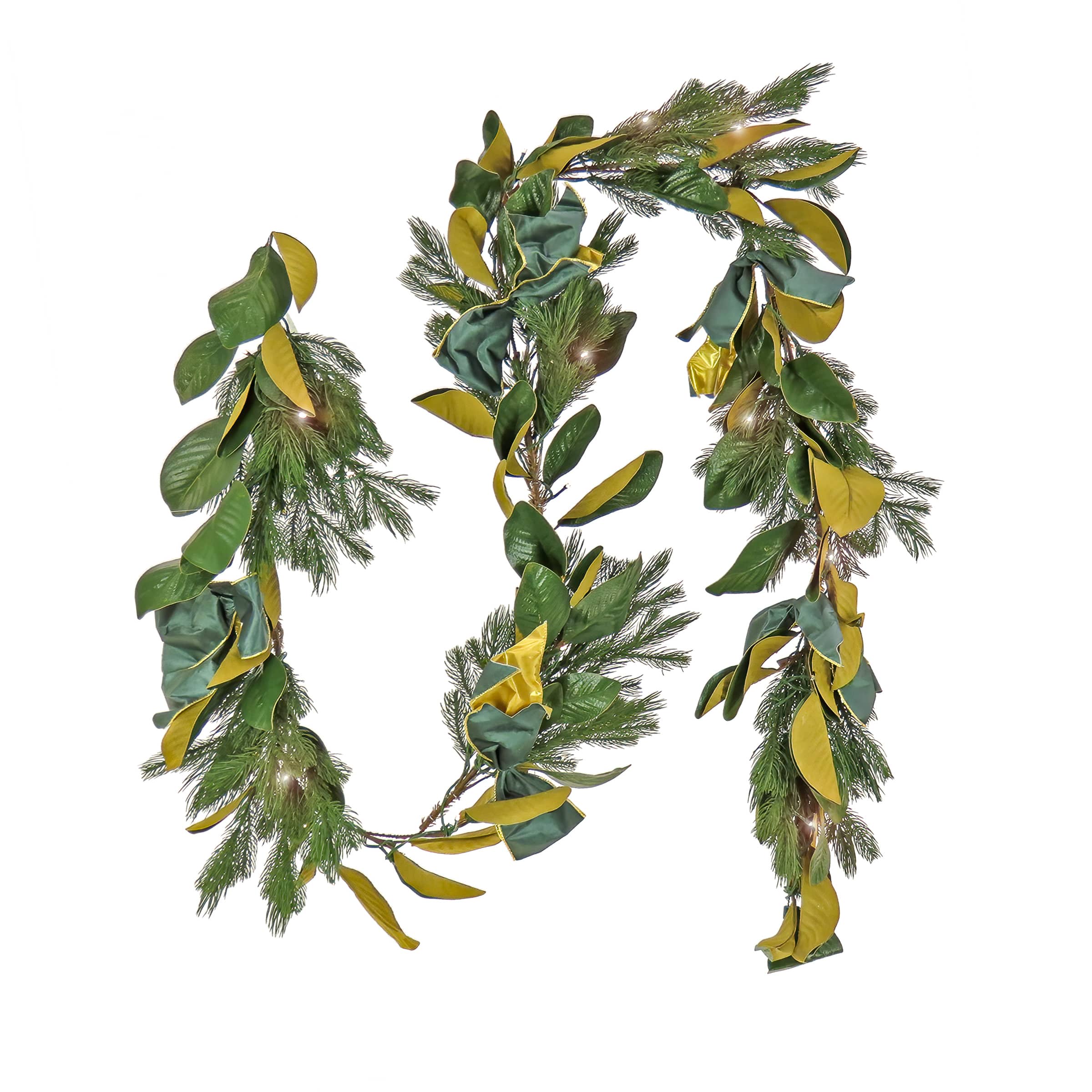 9" Christmas Magnolia Mix Pine Garland with Fabric Bow, Warm White LED Lights