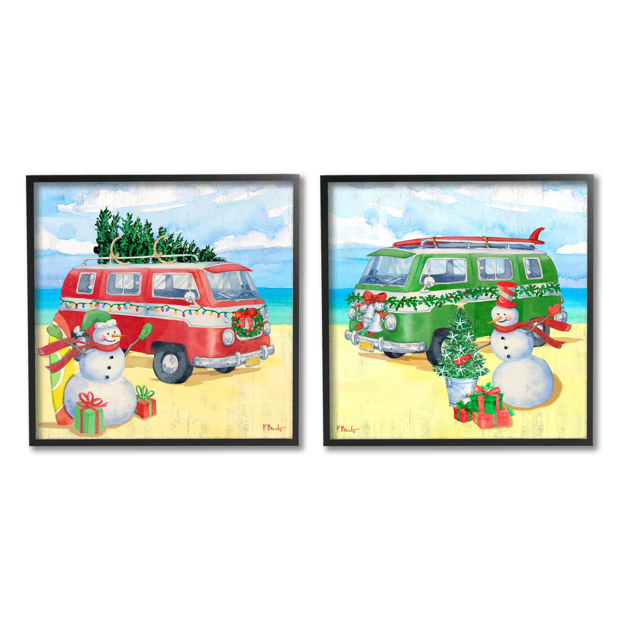 Stupell Industries Coastal Christmas Holiday Beach Snowmen 2 Piece Framed Giclee Art Set