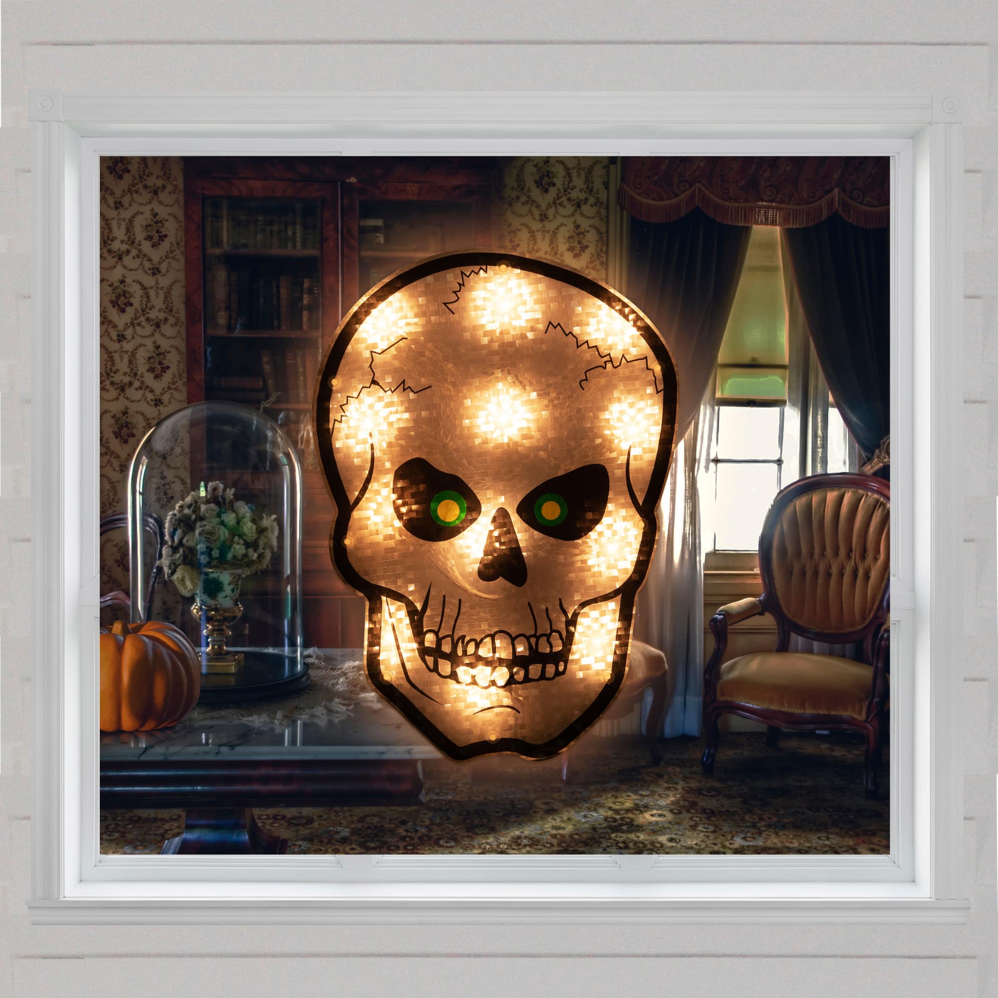 12" Silver & Black Holographic Lighted Skull Halloween Window Silhouette Decoration