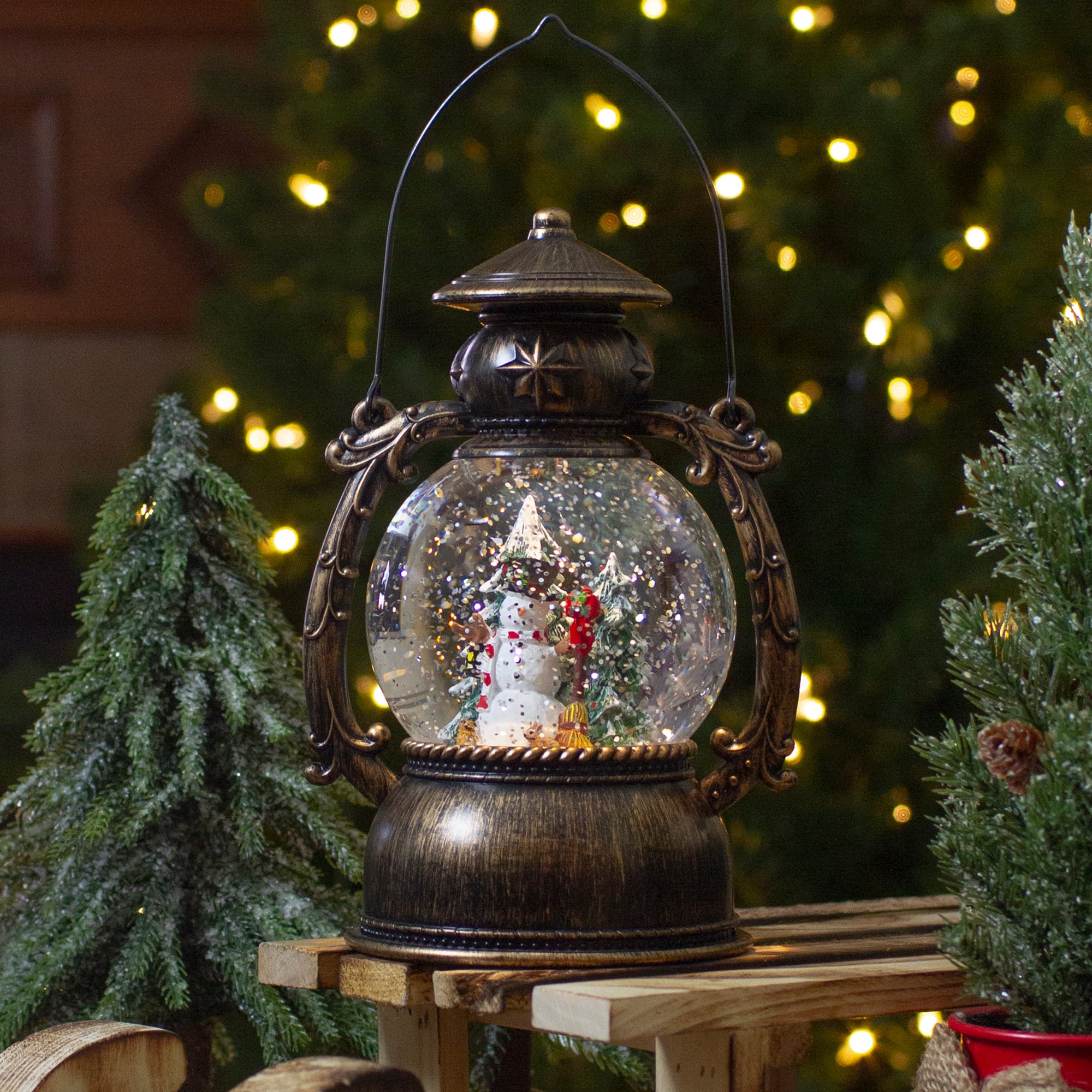 8" Black with Brushed Gold LED Snowman & Christmas Trees Snow Globe Lantern