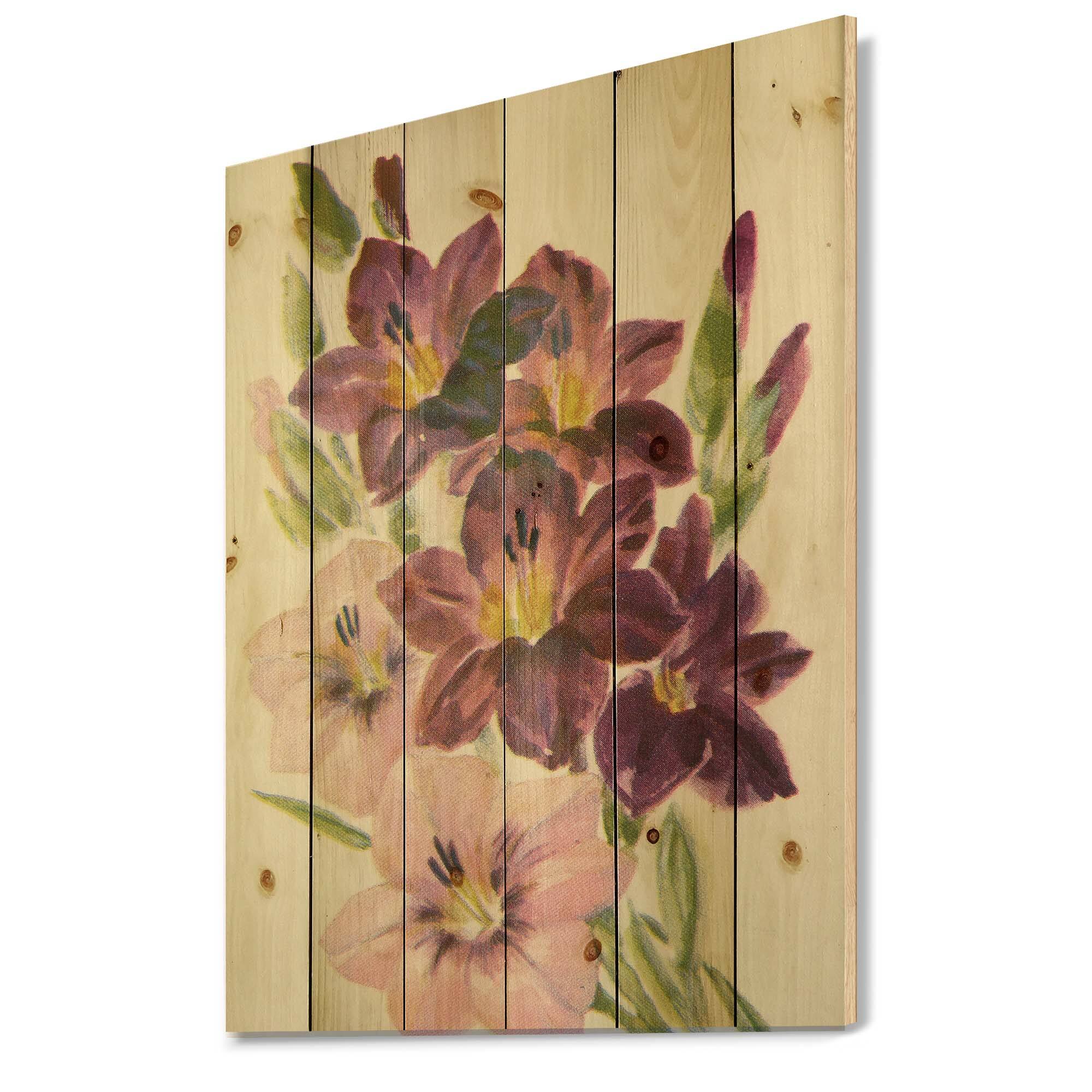 Designart - Retro Light and Dark Pink Gladiolus - Traditional Print on Natural Pine Wood