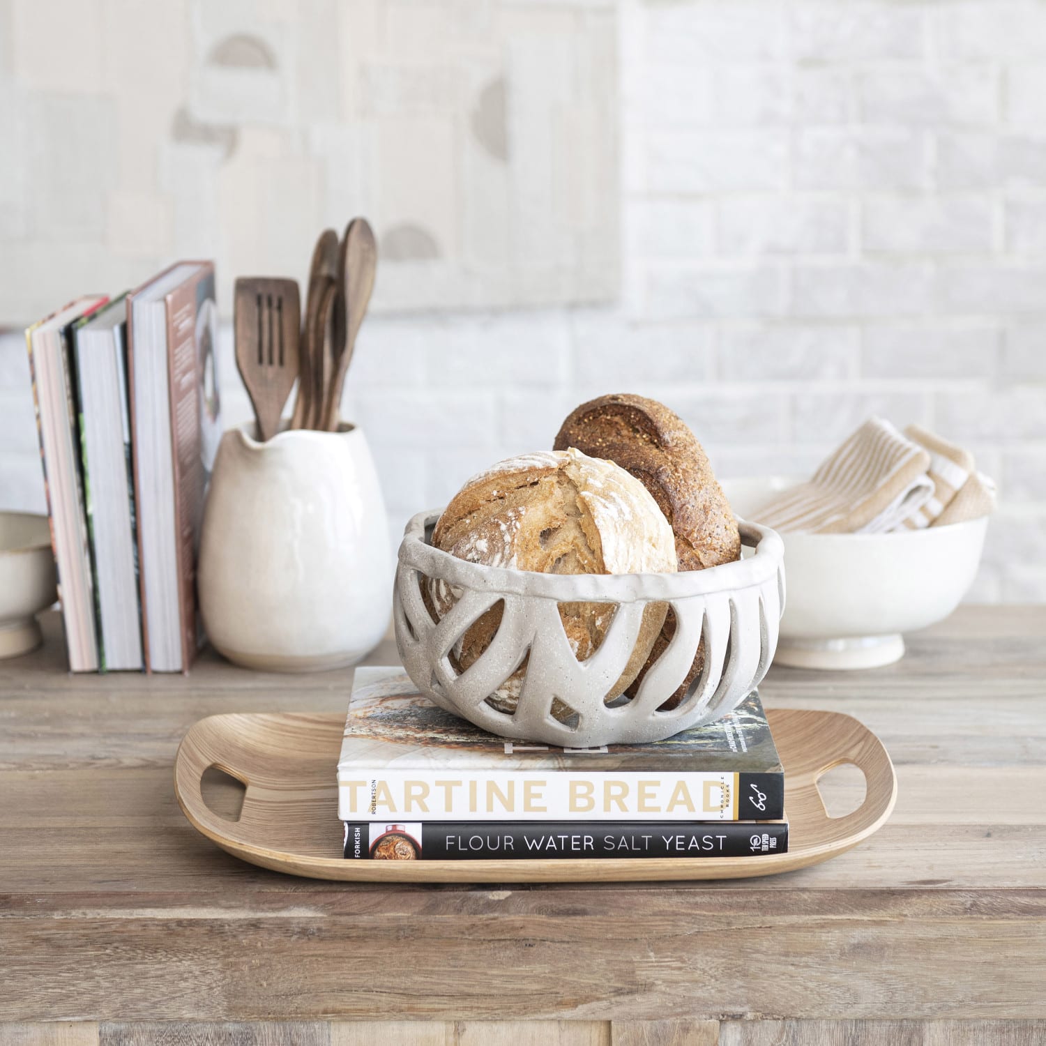 9.5&#x22; Cream Speckled Reactive Glaze Stoneware Bread Basket