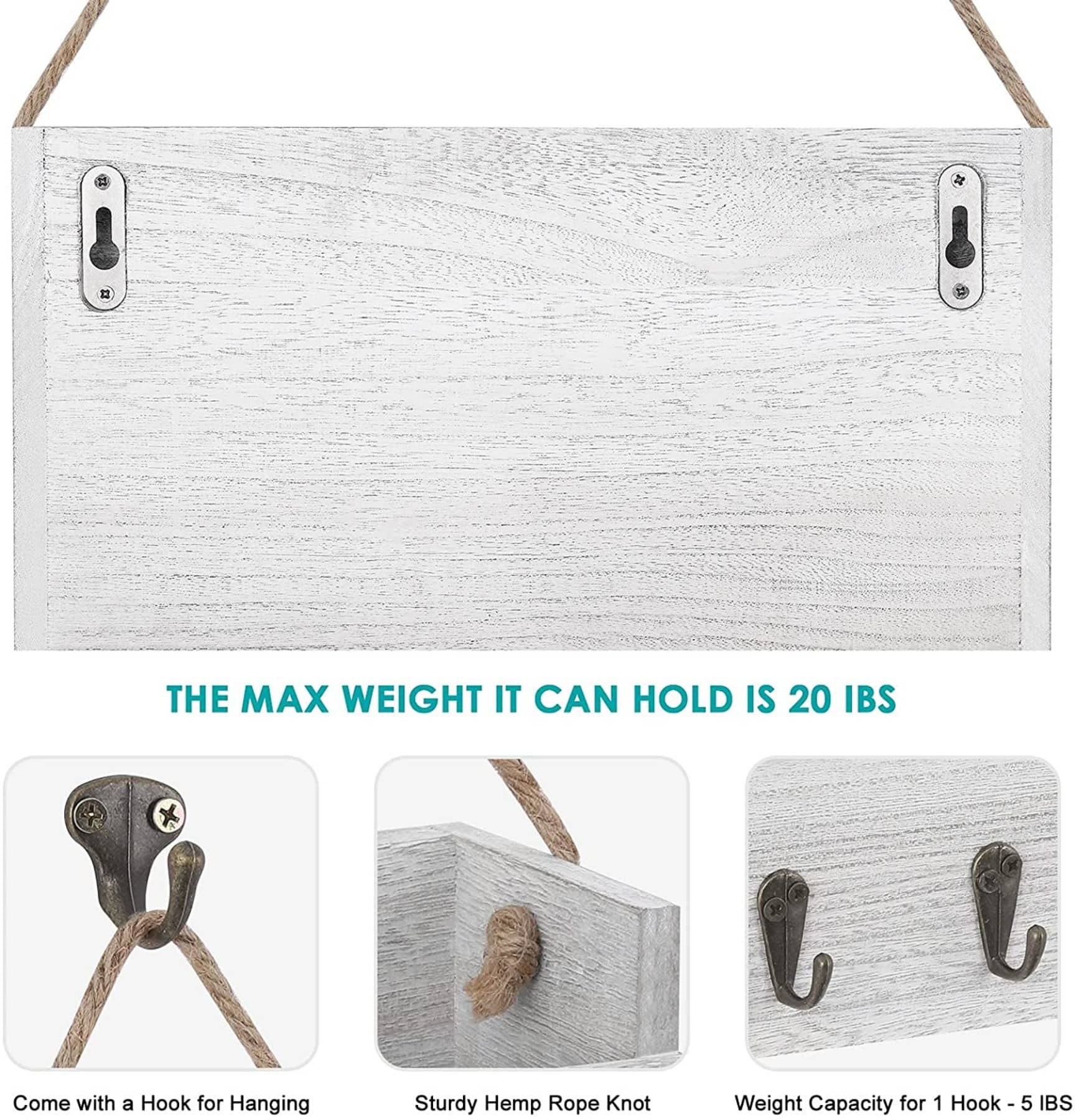 NEX™ Gray-Whitewash Hanging Wall-Mounted Mail Organizer with 5 Hooks
