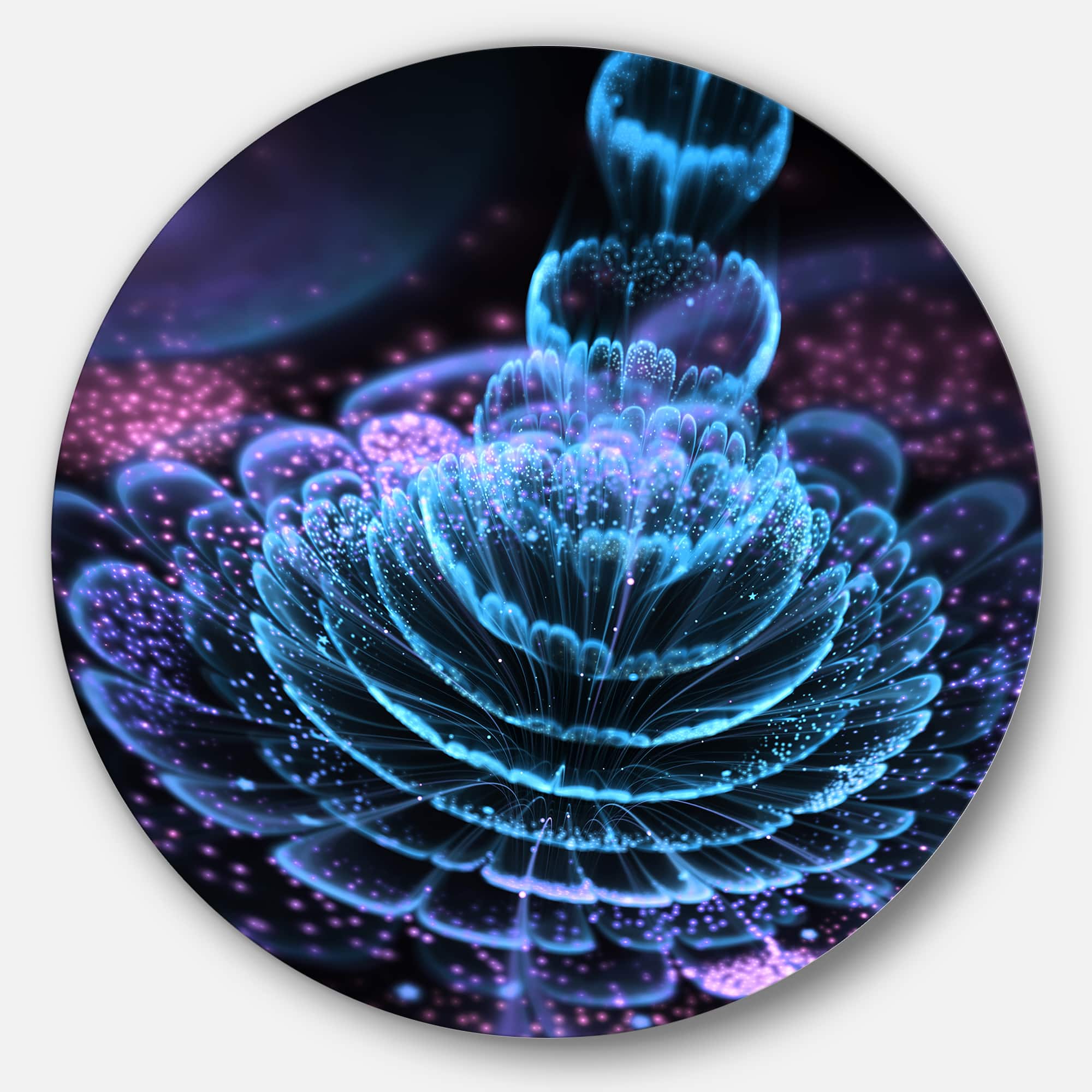 Designart - Glossy Blue Purple Fractal Flower&#x27; Large Floral Metal Circle Wall Art