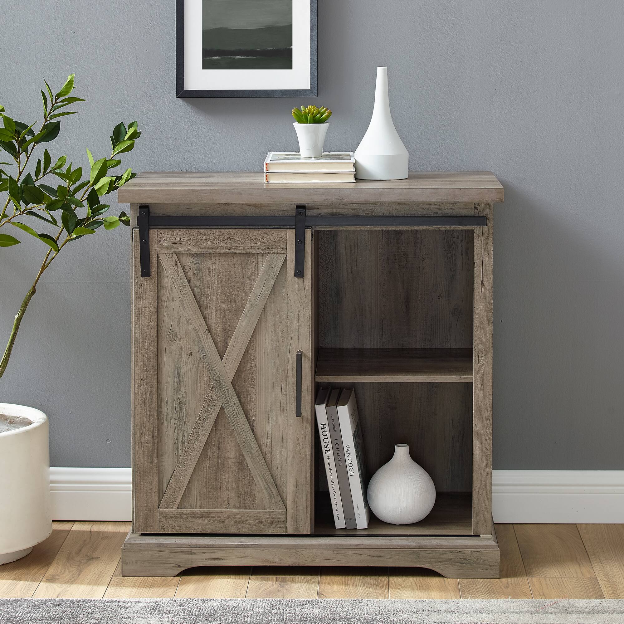 Walker Edison 32" Grey Wash Sliding Barn Door Farmhouse Accent Cabinet