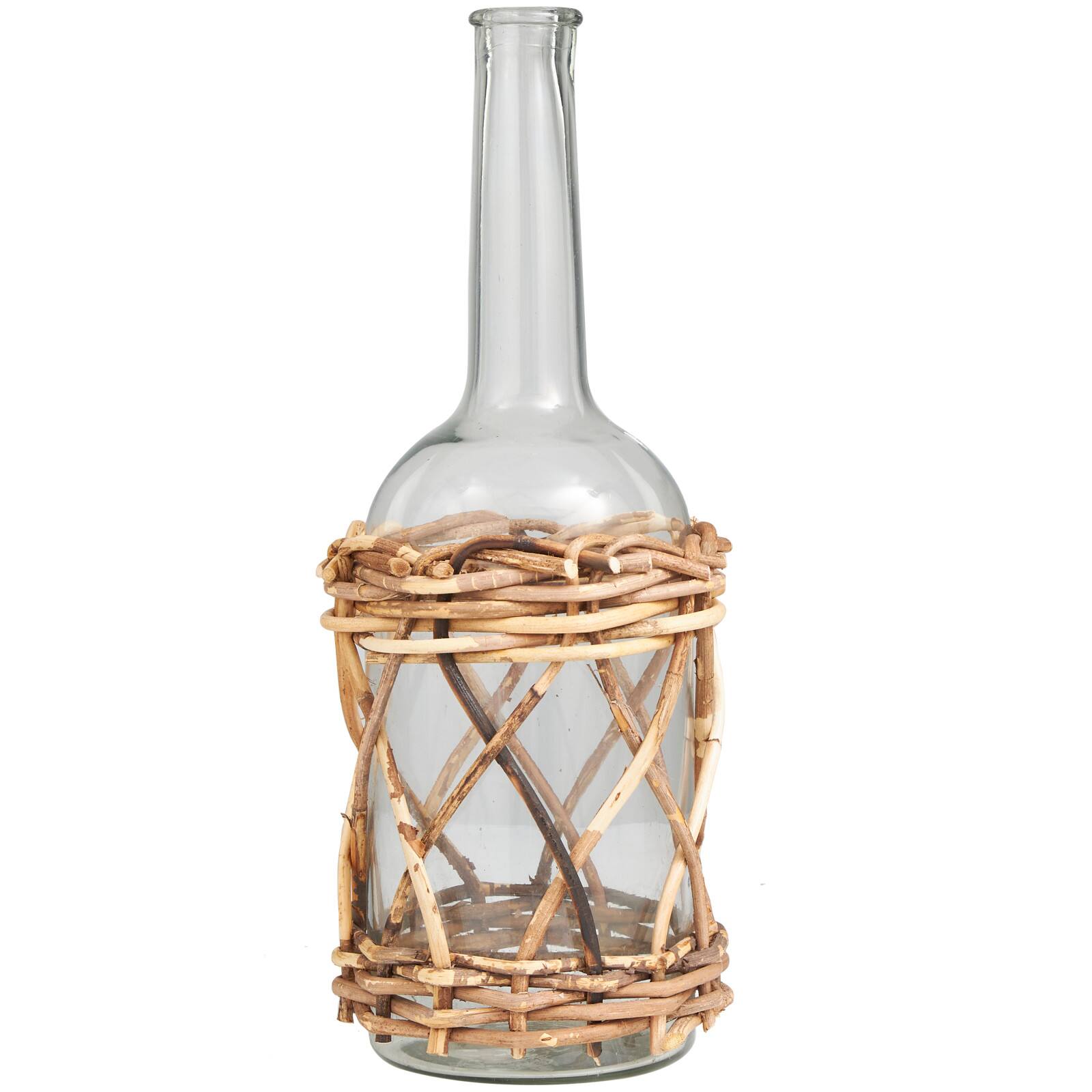 19" Clear Glass Handmade Vase with Brown Rattan Woven Lower Body