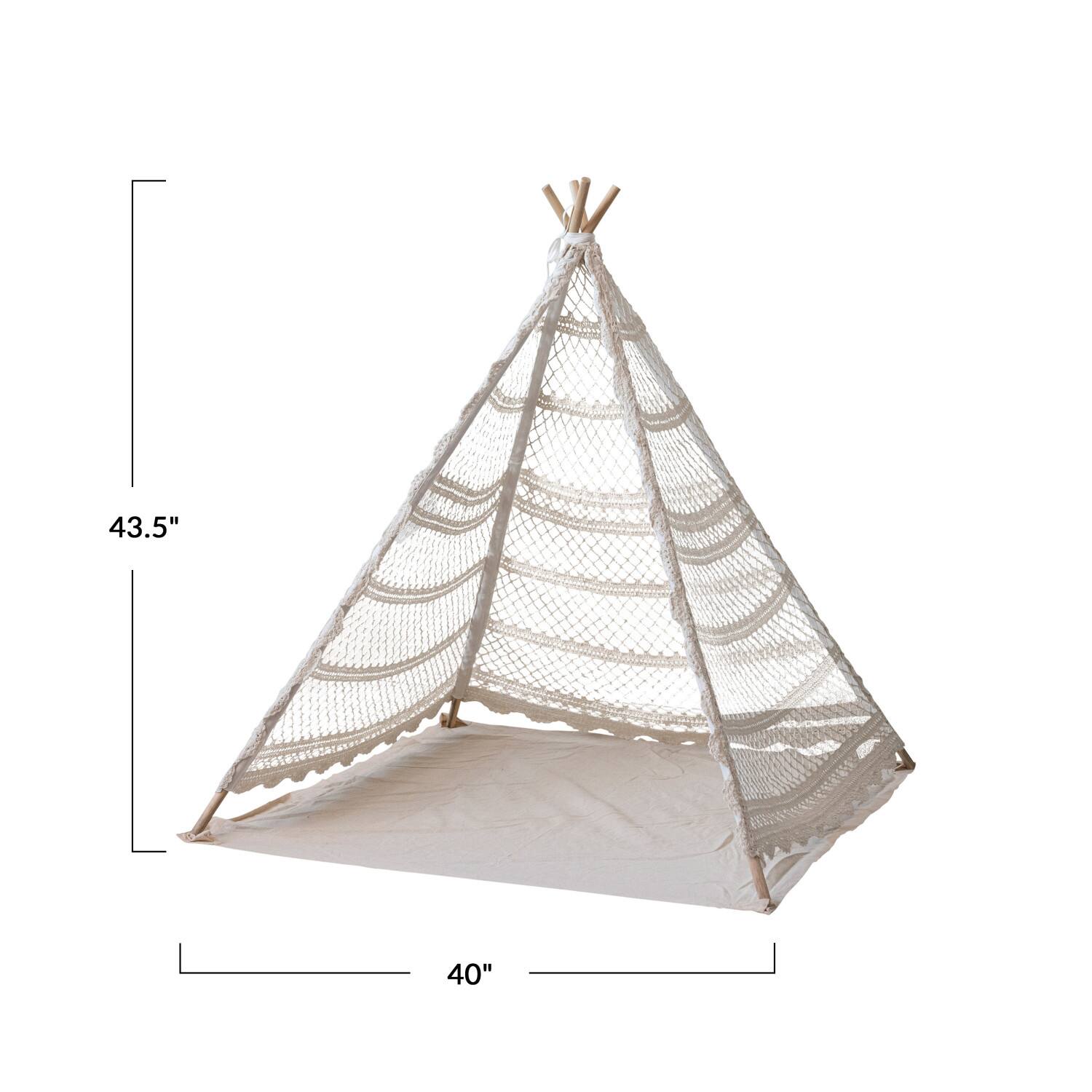 Hello Honey&#xAE; 43.5&#x22; Natural Reclaimed Cotton Crocheted &#x26; Teakwood Teepee with Mat
