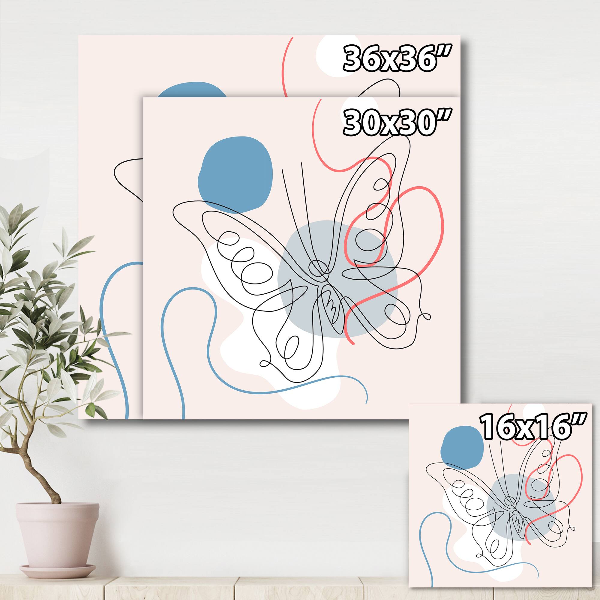 Designart - Butterfly One Line Drawing On Cubism Shapes III - Modern Canvas Wall Art Print