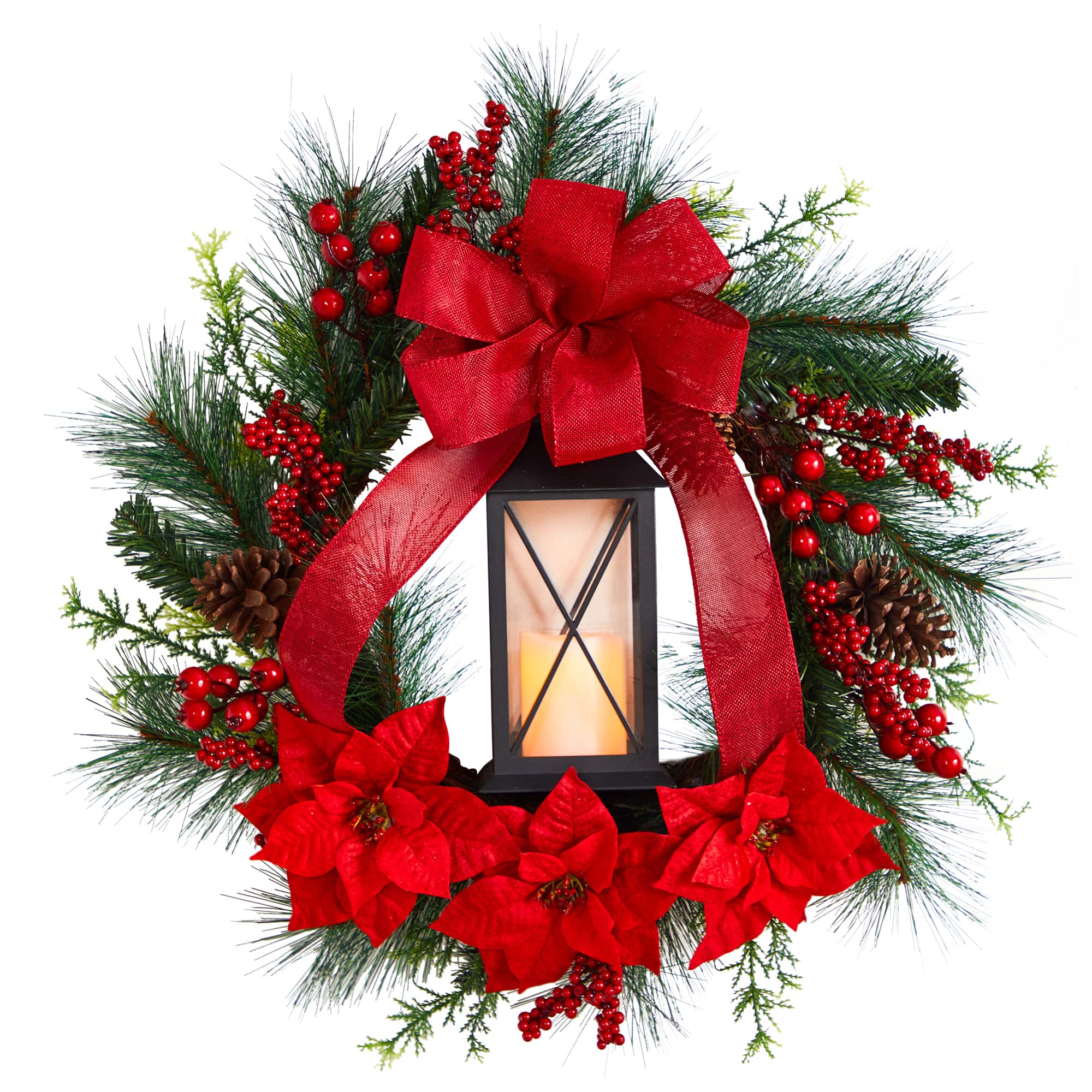 28" Poinsettia & Berry Holiday Lantern Christmas Wreath with LED Candle