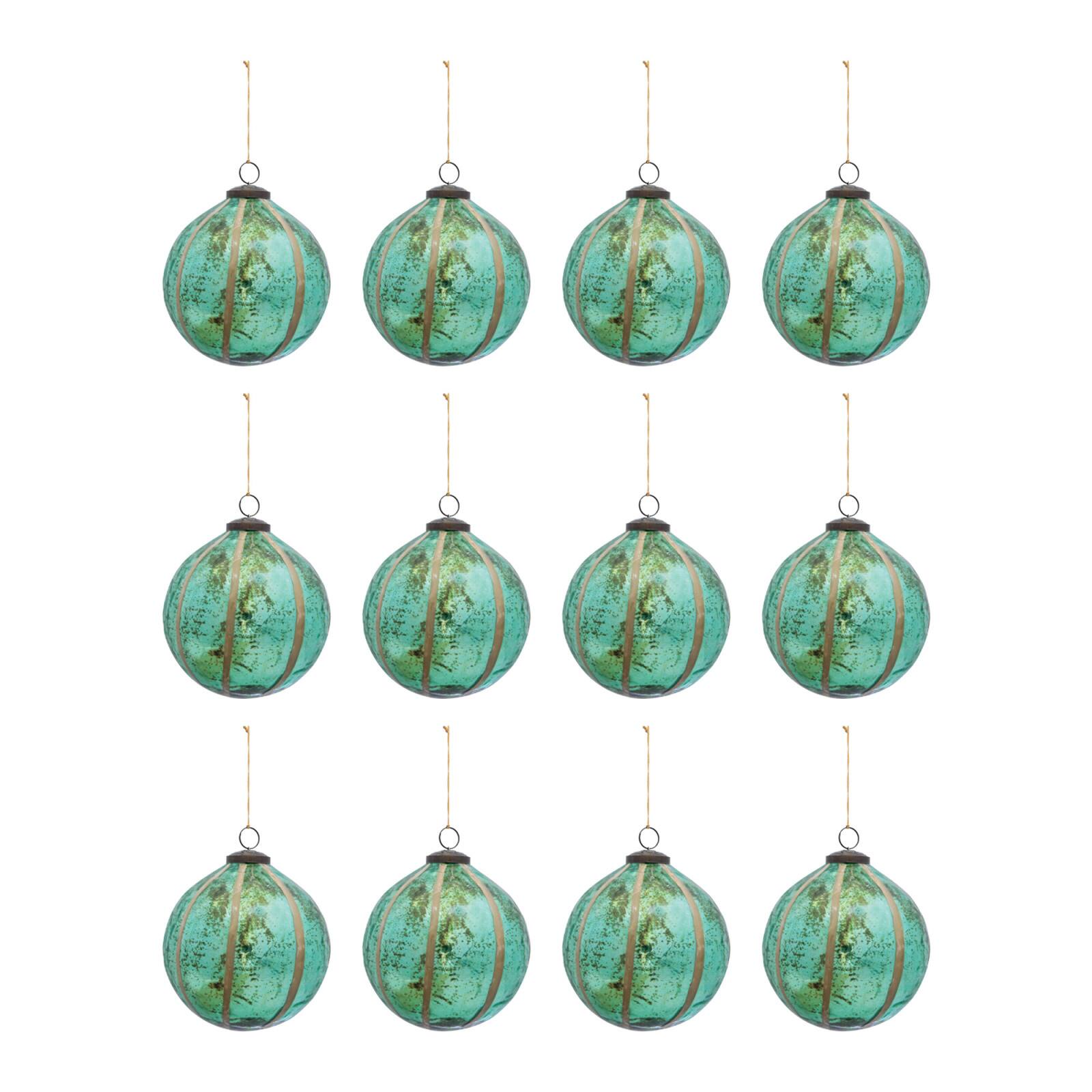 Hello Honey&#xAE; 12 Pack 4&#x22; Turquoise Glass Ball Ornament with Eucalyptus Leaves