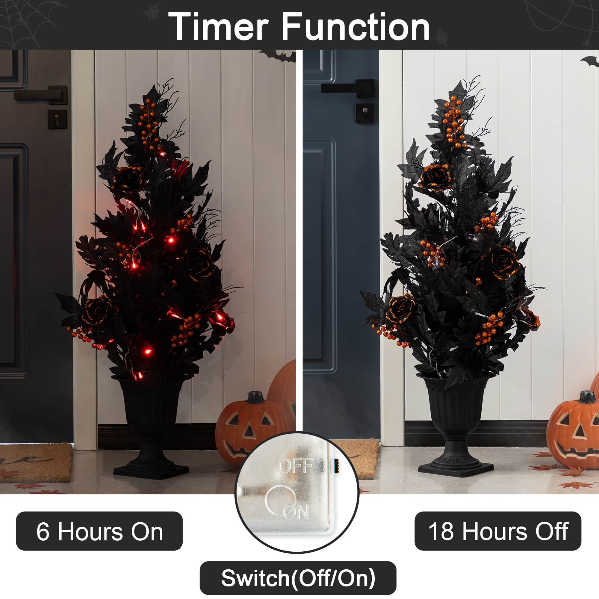 Glitzhome&#xAE; 36&#x22;H Halloween Lighted Black Rose with Orange Glitter Urn Porch Tree with Timer