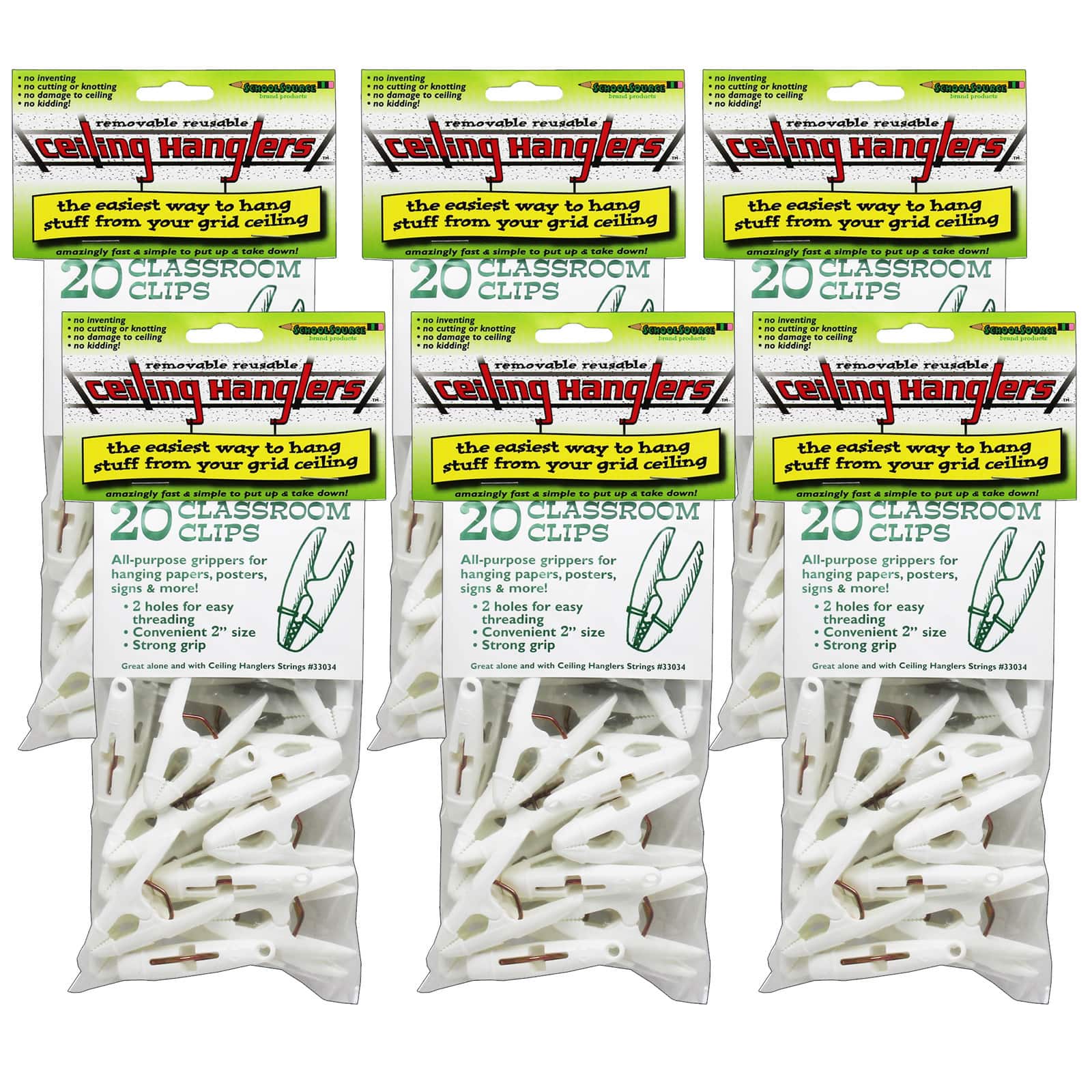 StikkiWorks Grid Ceiling Hanglers™ Clothes Pin Clamps™, 6 Packs of 20