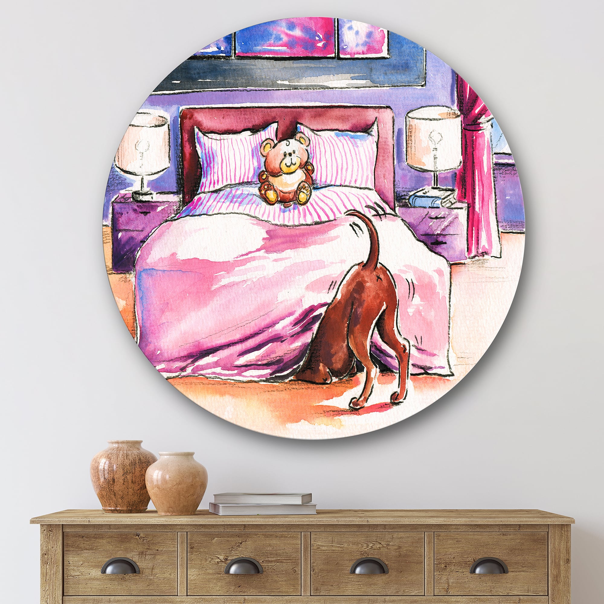 Designart - Brown Dog Looking Under the Bed - Farmhouse Metal Circle Wall Art