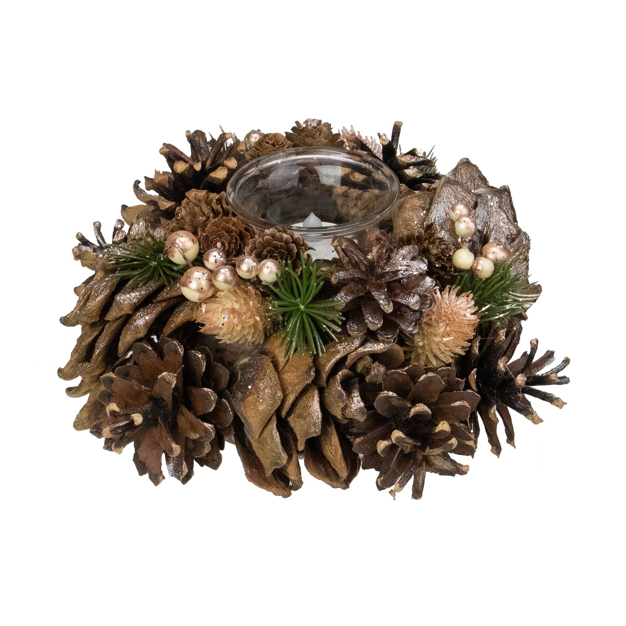 7.25&#x22; Autumn Artificial Foliage Pine Cone Votive Candle Holder